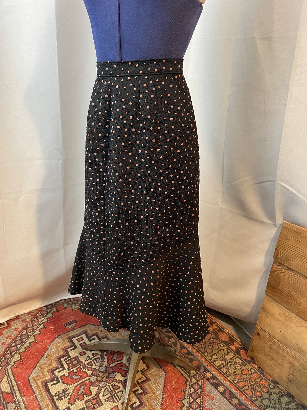 Polka Dot Ruffle Pinup Skirt Black and Tan Crepe 1950s Vintage Rockabilly S