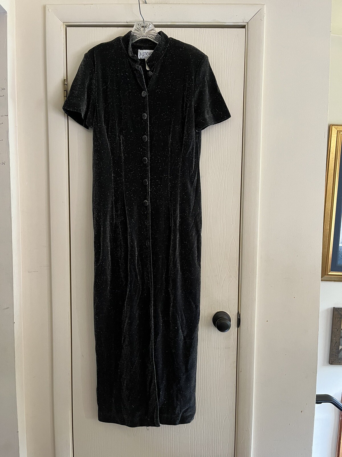 Vintage 90s Lurex Sparkle Mod Mandarin Collar Maxi Party Dress M