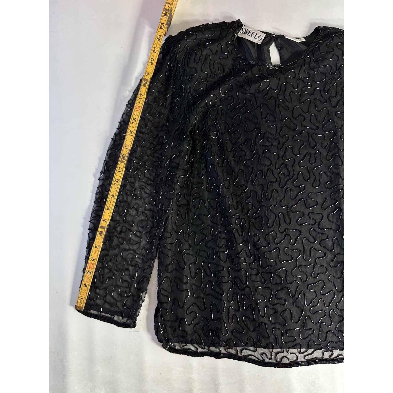 Sweelo Vintage Black Beaded Silk Top Sheer Long Sleeve Evening Blouse Small 6-8
