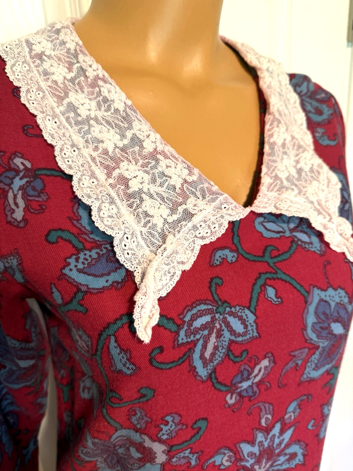 VTG 80’s LAURA ASHLEY DEEP PINK FLORAL W/ LACE COLLAR DROP WAIST DRESS SZ 10