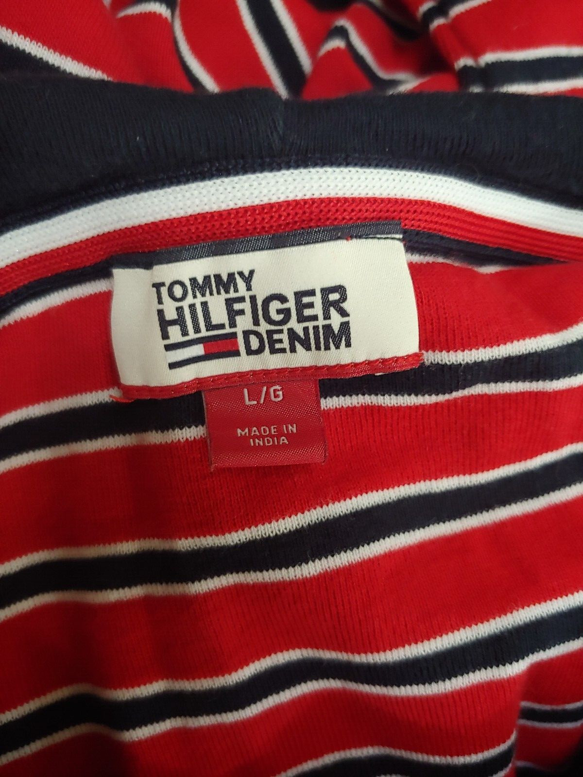 Vtg Tommy Hilfiger Dress Large Y2k Spell Out Hooded Shirt Red Striped Cotton