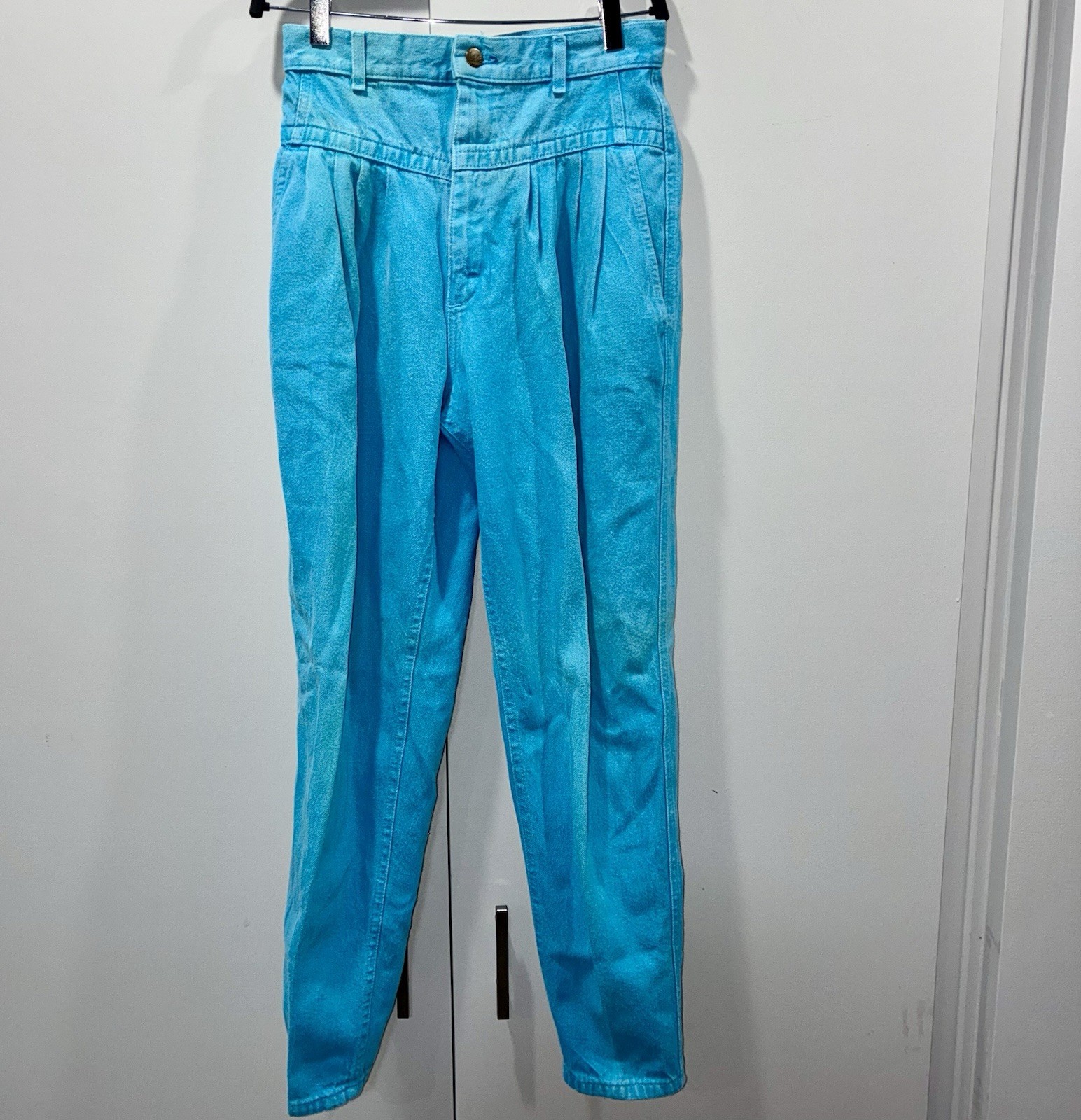 Vintage 80s 90s Lee Teal High Rise Pleated Tapered Mom Pants USA 11 Front Yoke
