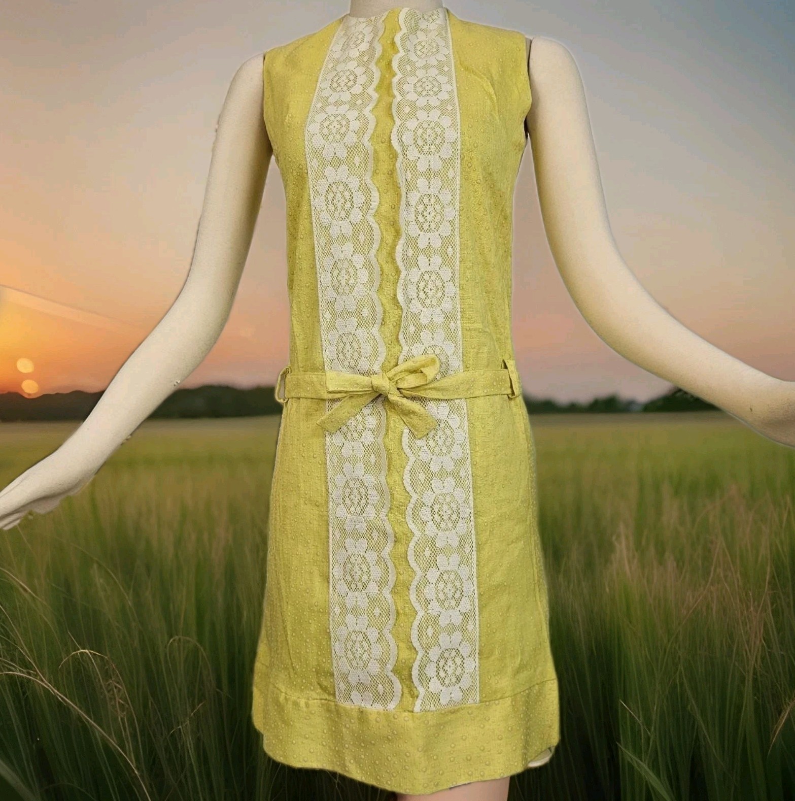 1960s Yellow Lace Trim Polka Dot Spring Dress Bow Tie Belt at Hip Sleevelss Gown