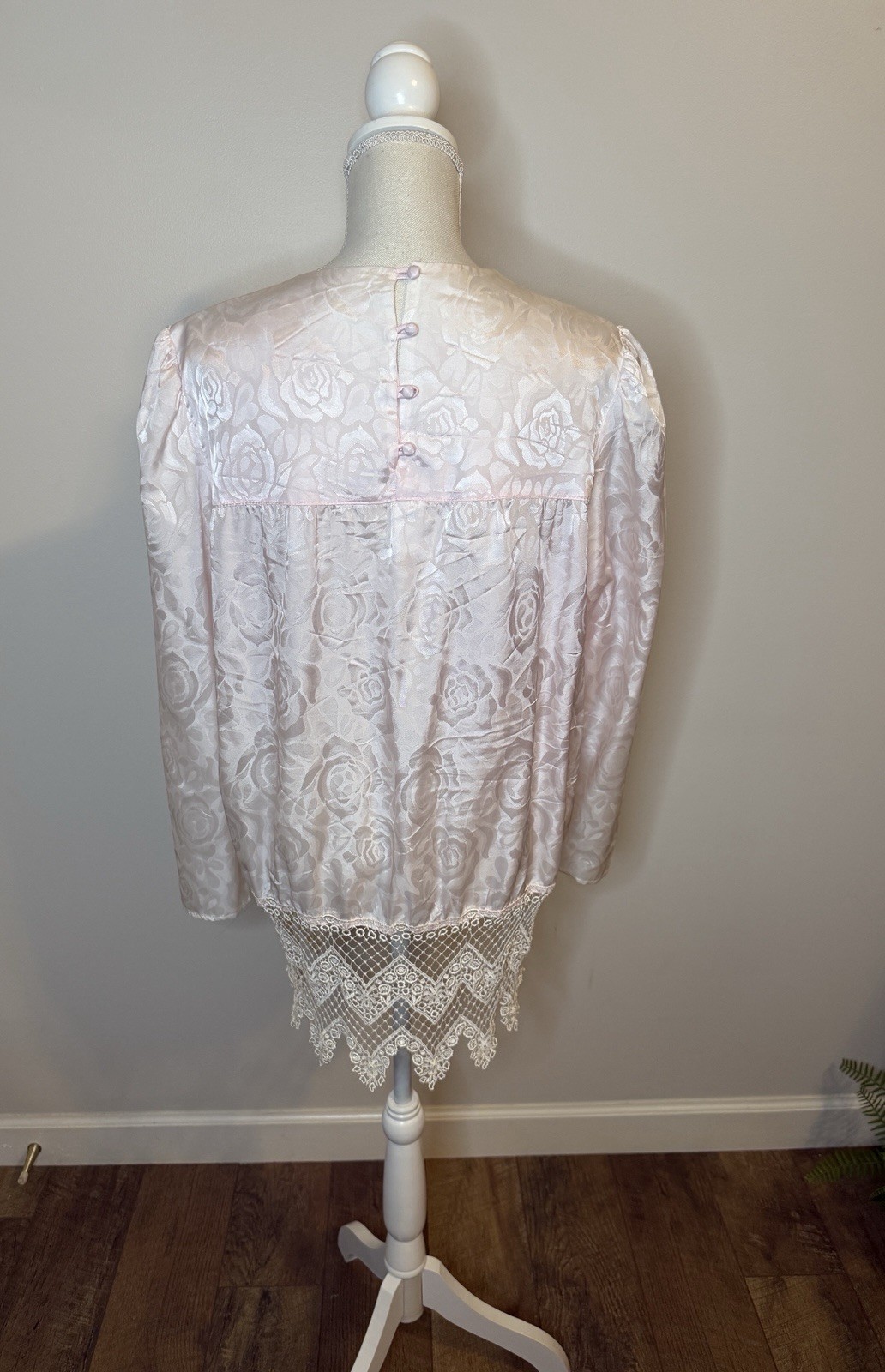 Vintage Satin Floral Pink Edwardian Lace Long Sleeve Blouse Sz 18 (XL)