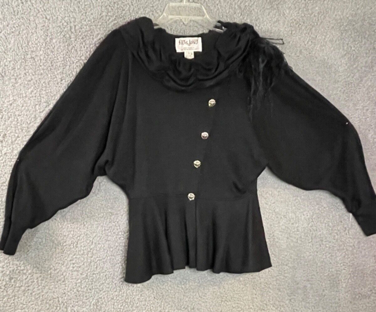 VTG Pat & Janet Top Womens L Black Pullover RS Ostrich Feathers Glitzy Dazzling