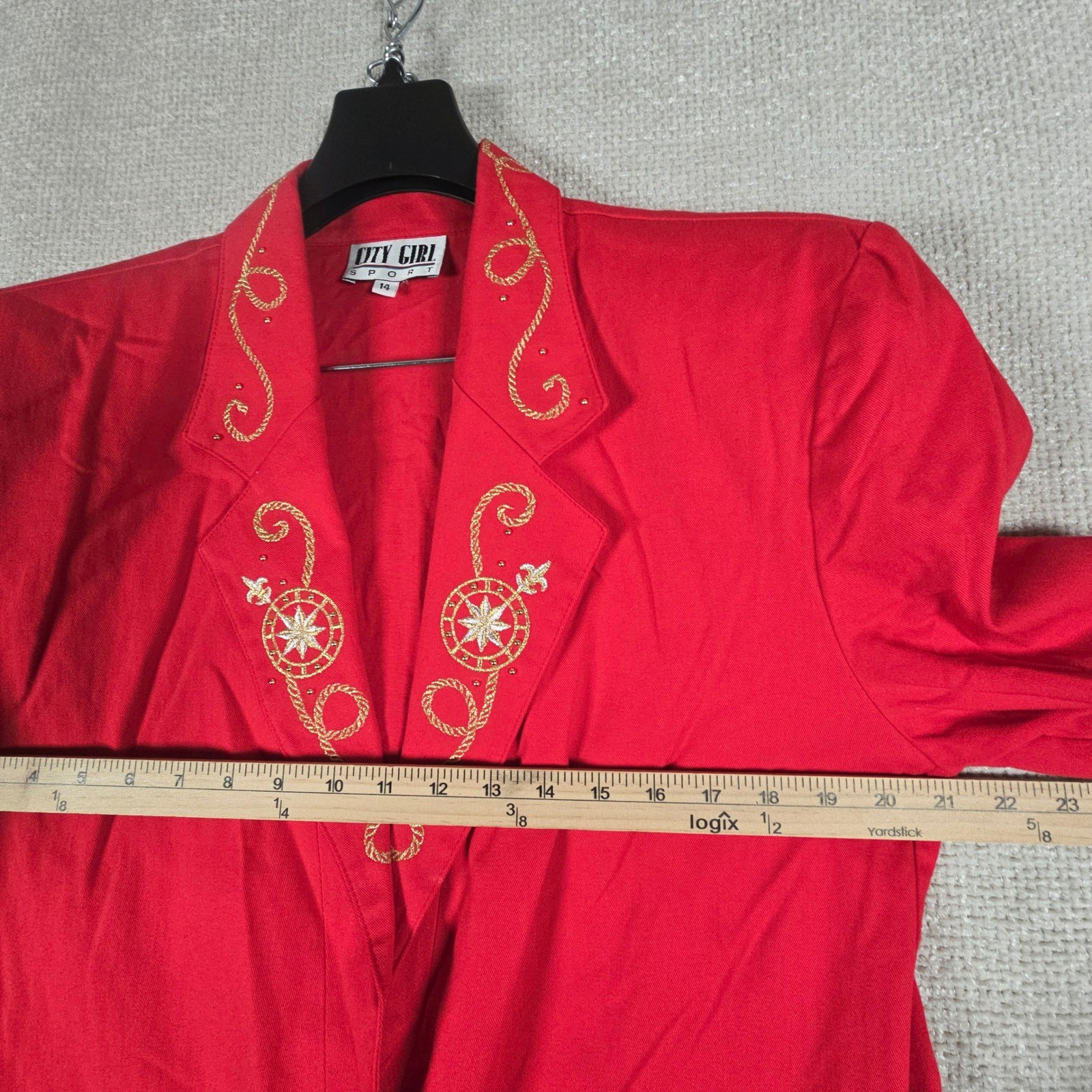 City Girl Sport Vintage Red Gold Embroidery Skirt Suit Set Blazer 14 Skirt 16