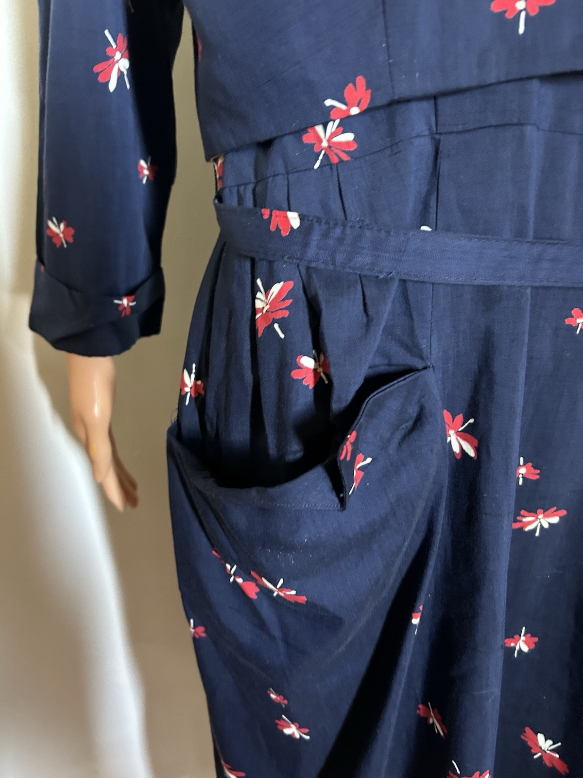 VTG 40s 50s Peg Top Cotton Sundress Bolero Set Navy Day Dress Metal Zip 36W XL