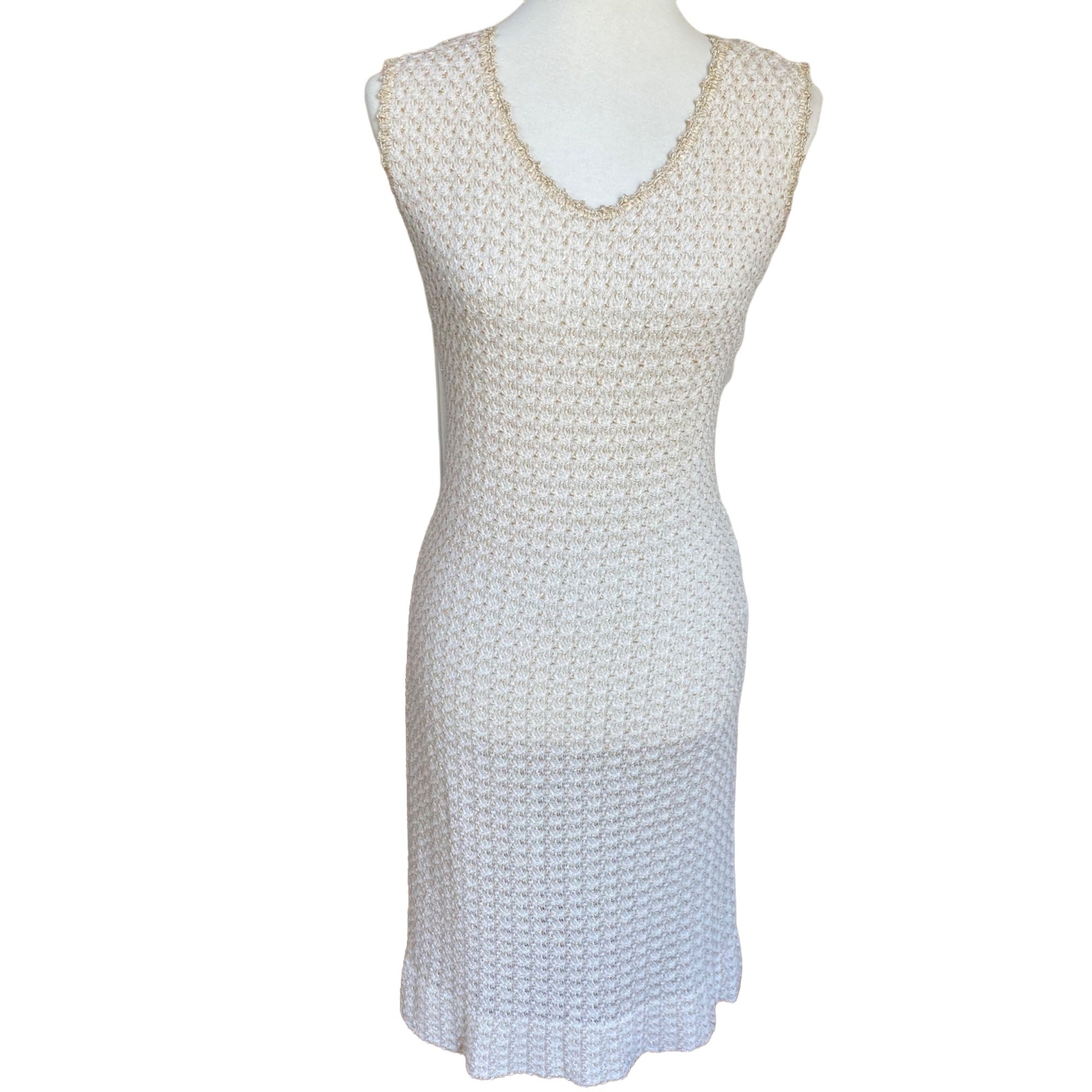 Vintage Crochet Dress Mod 60s 70s Sleeveless Boho Cream Metallic Gold Size Large