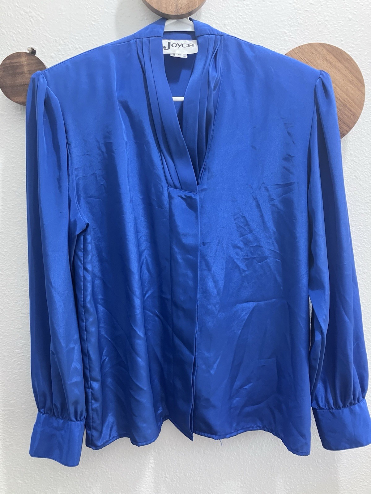 Vintage Joyce Pleated V Neck Blouse Cobalt Blue Size 10 Shoulder Pads 80s Retro