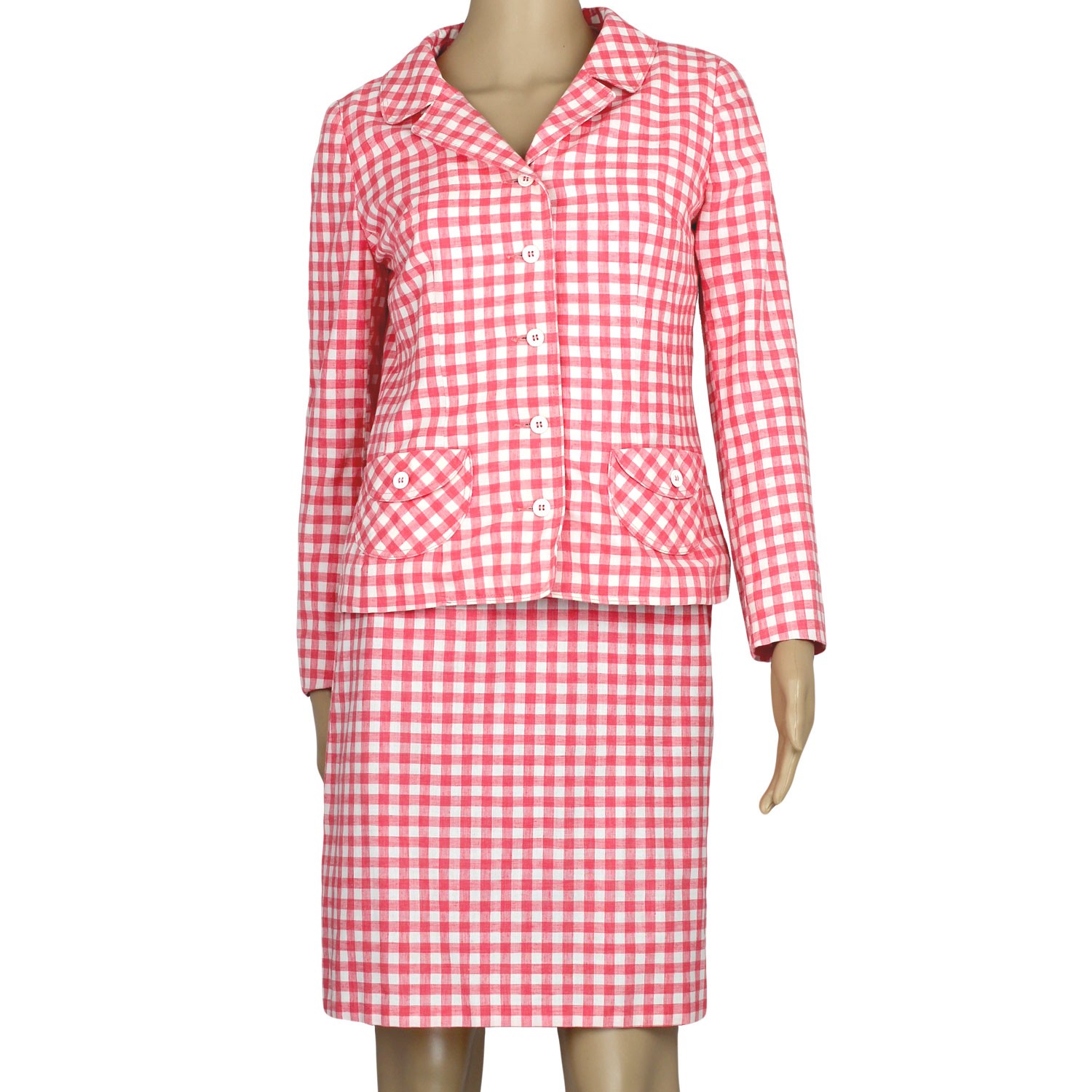 1960s Vintage The Villager Red Gingham Suit Jacket + Skirt Set Spring Summer 2