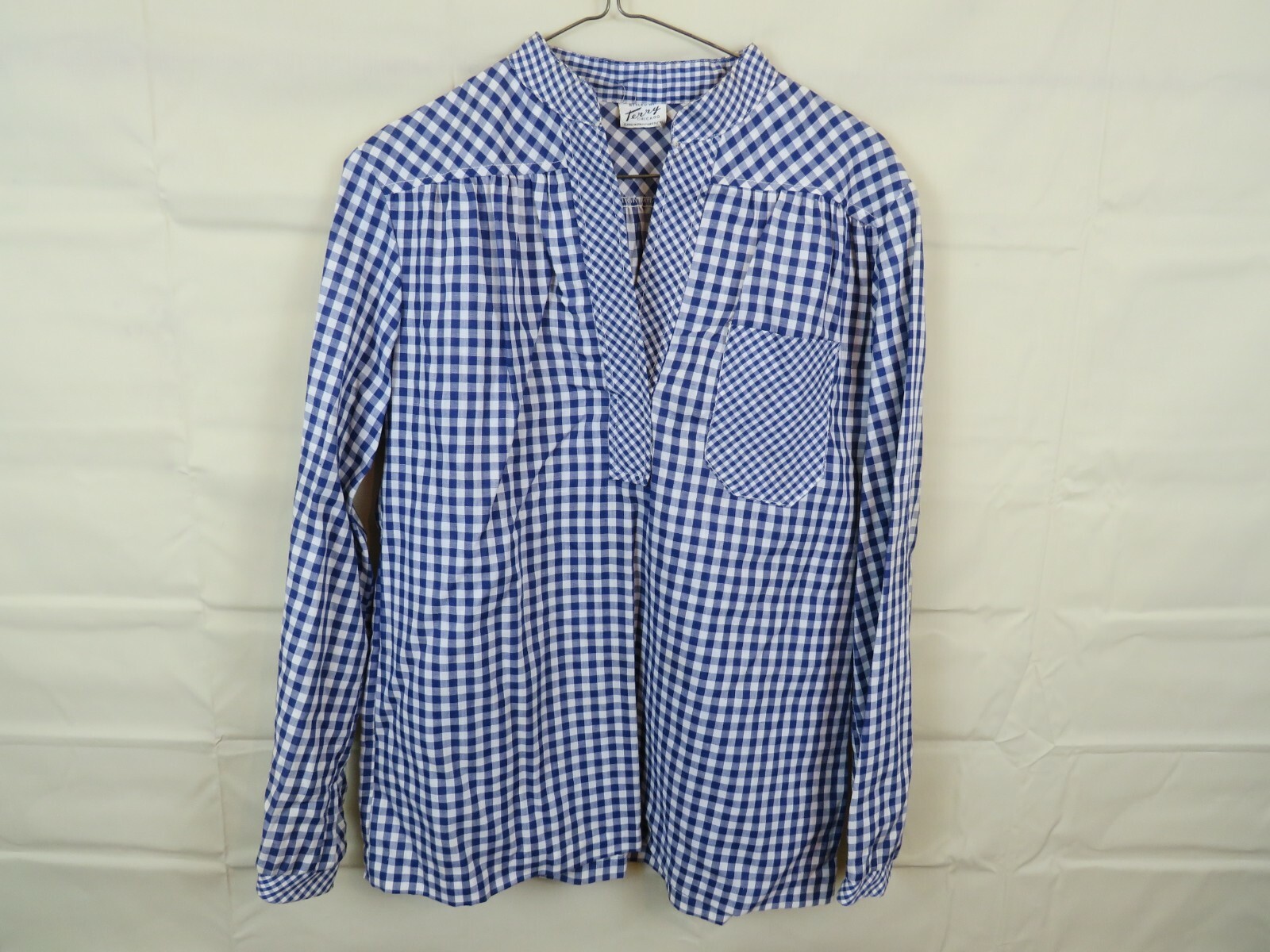 Vintage 1960-70s polyester top shirt terry Chicago plaid blue M Stain Destroyed
