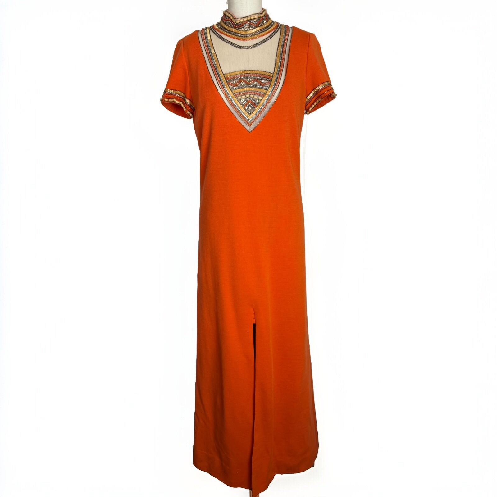 VTG 70s Fantasia Phoenix Orange Beaded Maxi Dress W Front Slit Fully Lined M/L