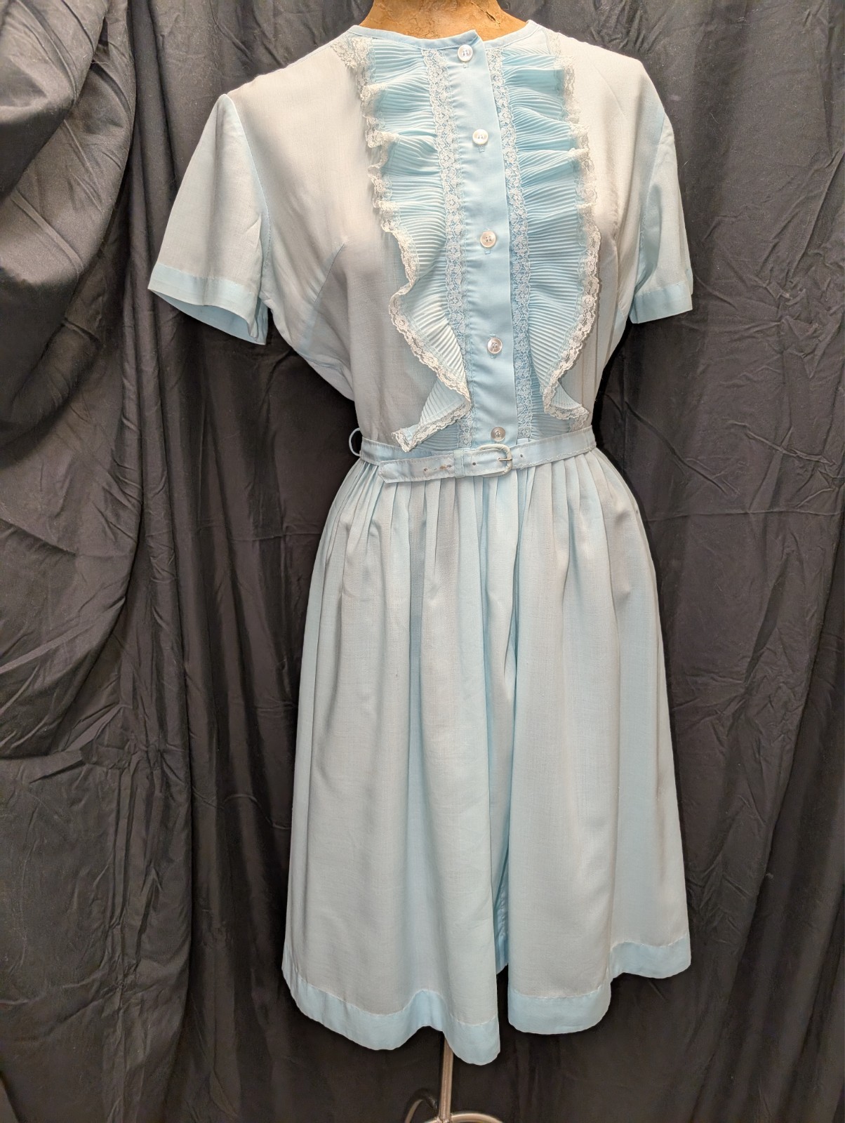 1960s 70s Blue Cotton Blend Lace Trim Dress by NPC Fashions M