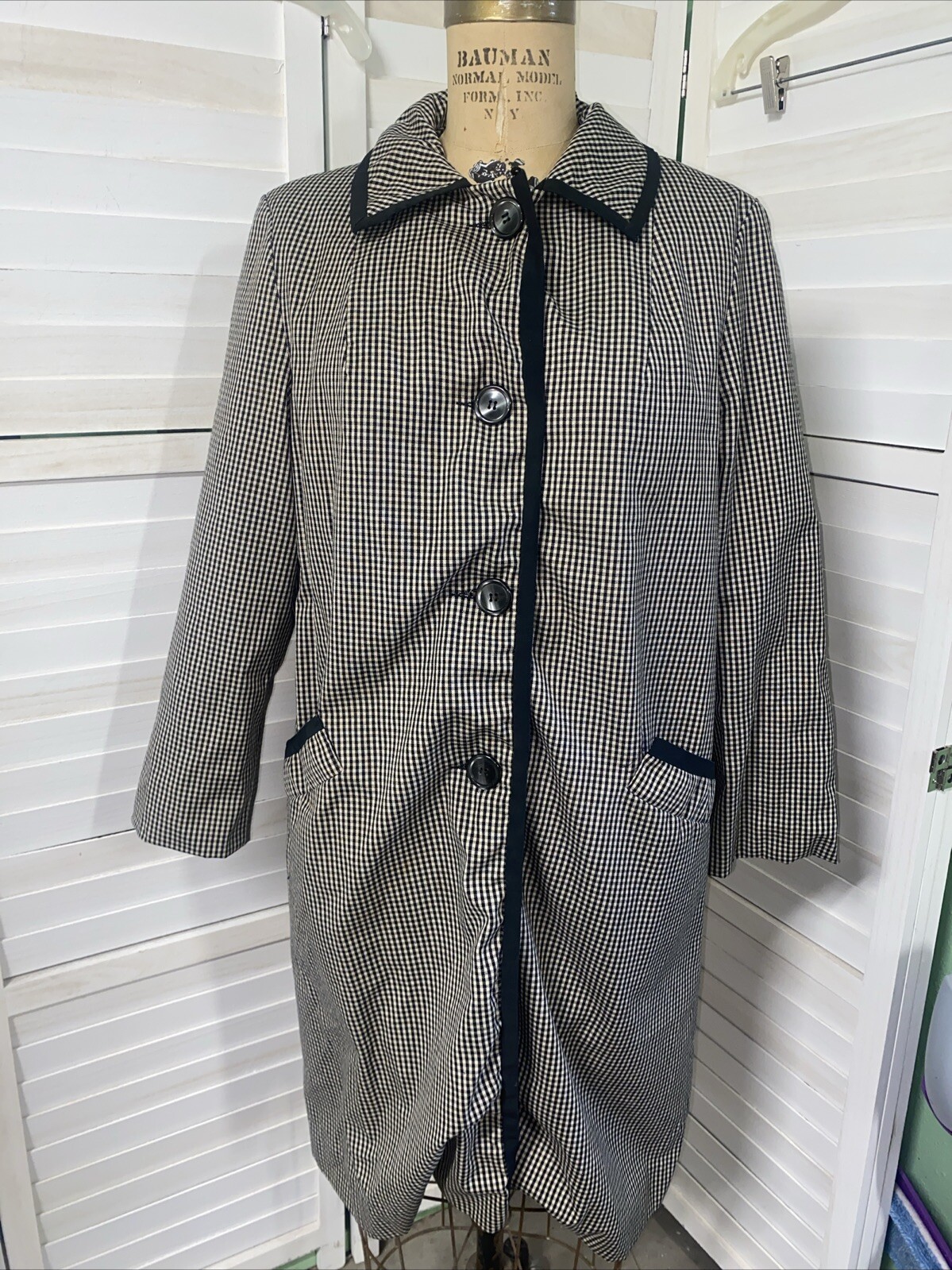 Vintage Mountain Mist Trench Pea Coat Jacket Women’s Gingham Sz Med Large USA