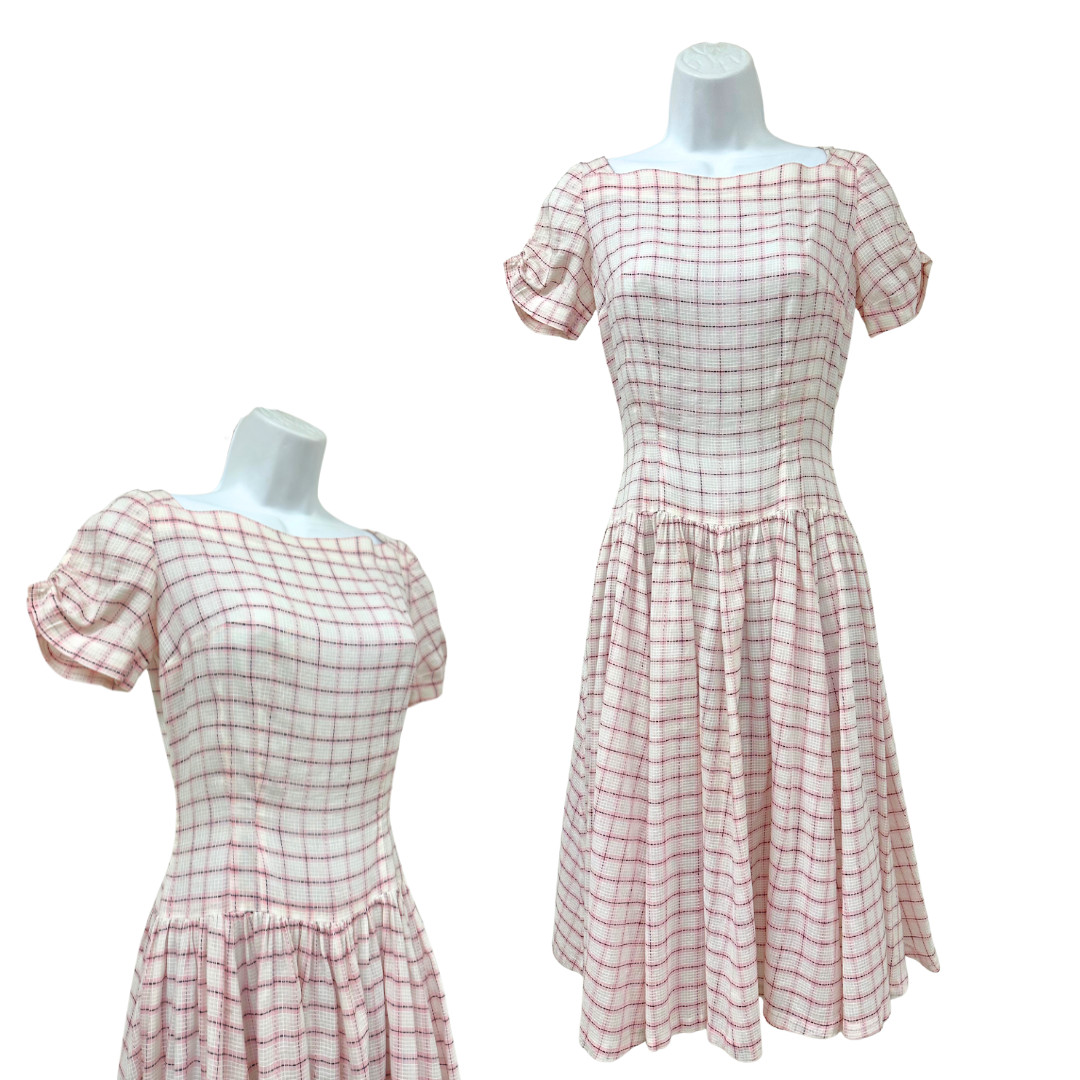 1950s Pink and White Plaid Fit n Flare Cotton Day Dress