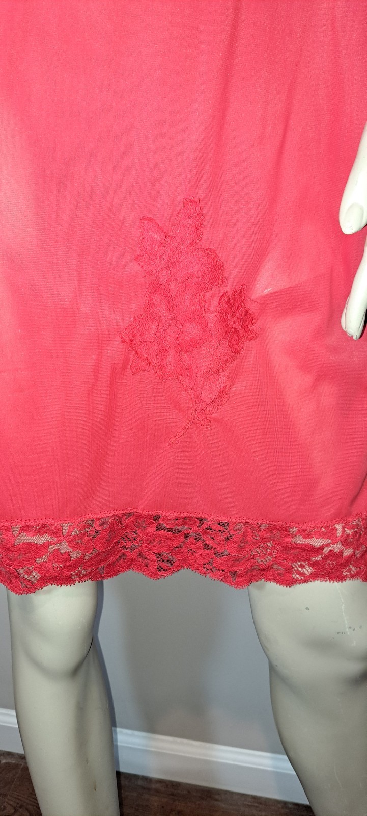 60s Vintage Red Nylon Full Slip Dress Nice Lace Great French Made Lingerie 34