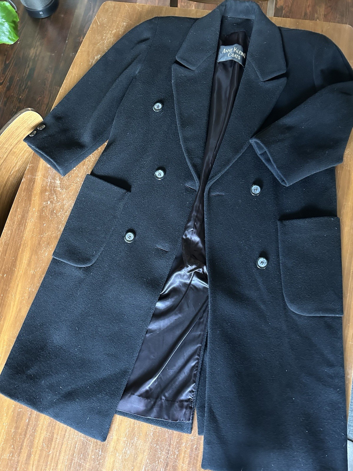 Vintage Anne Klein II Black Wool Coat Women M Long Double Breasted Classic USA