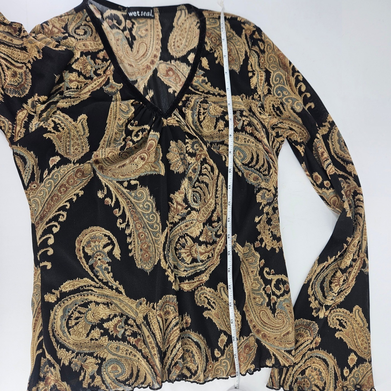 Wet Seal Vtg Y2K Paisley Mesh Long Bell Sleeve Top Black Gold Velvet Curl Trim L