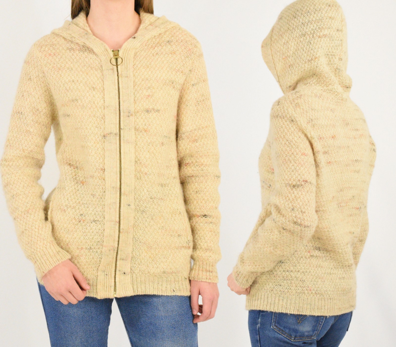 70s Vintage Oatmeal Beige Wool Hoodie Zip Front Sweater M/L Unisex Women Mens