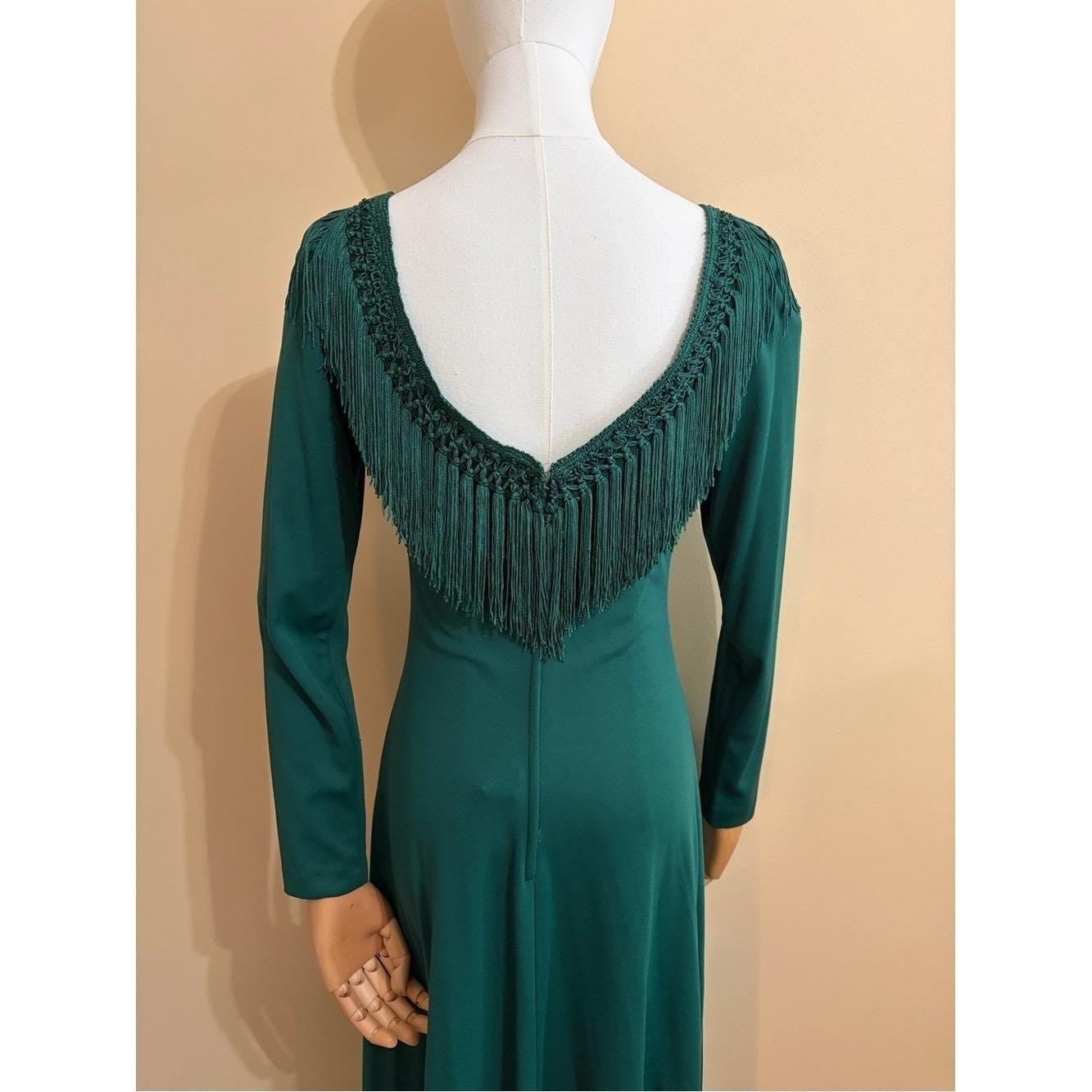 1970’s Deep Green Empire Waist Fringe V-Neck with Macrame Tassel Maxi Dress