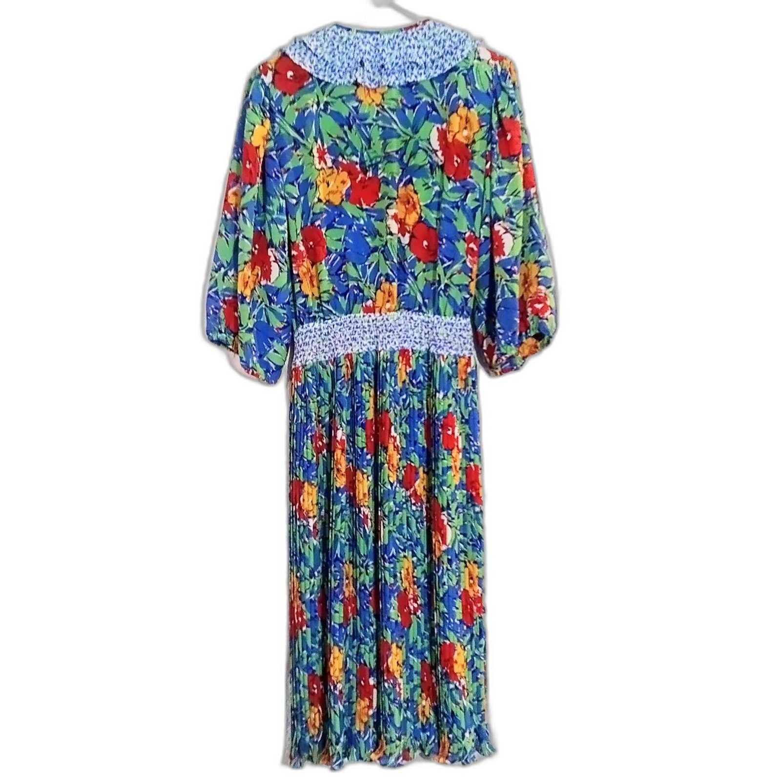 Vintage Susan Freis 1980s Bright Floral Pleated Midi Dress Size M