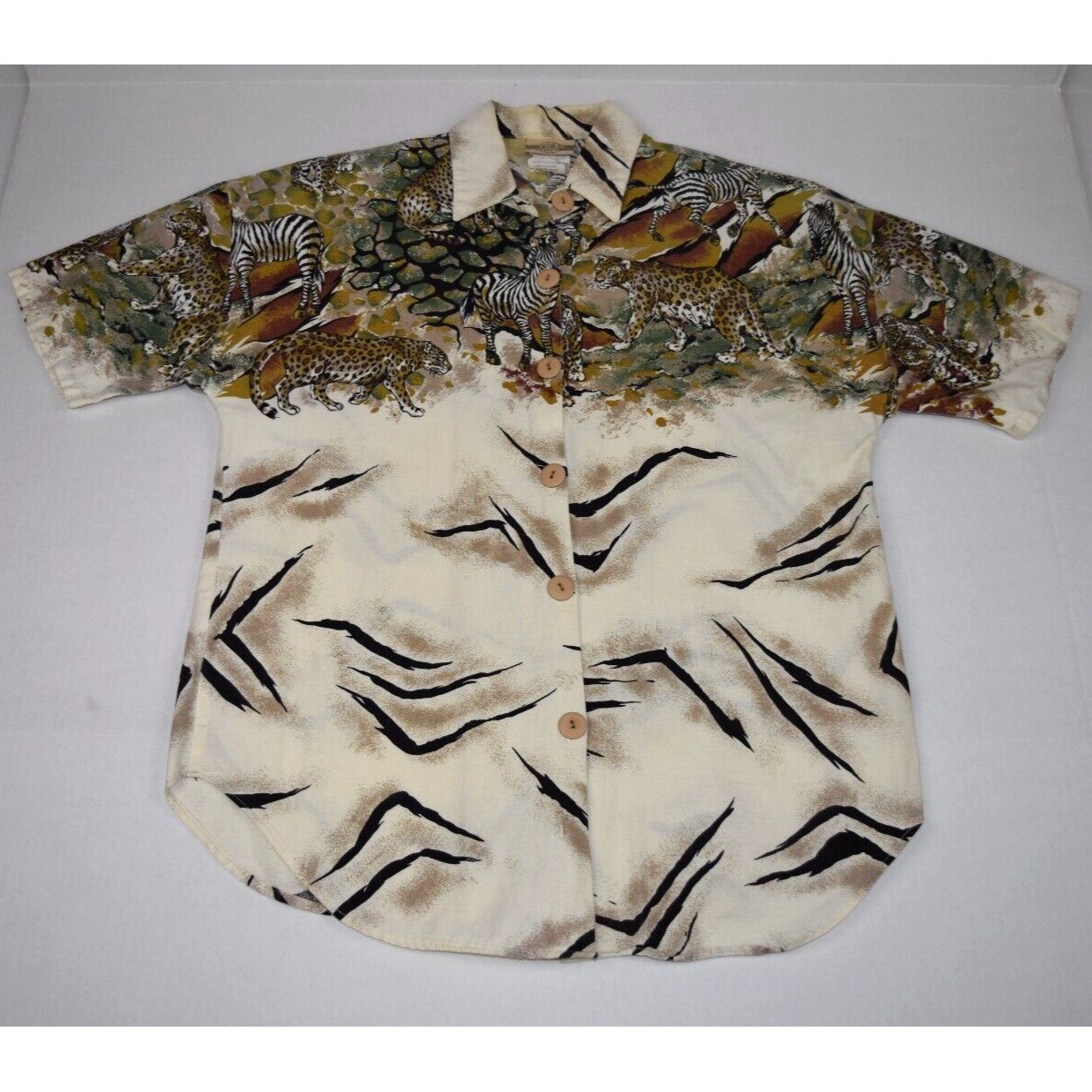 Vintage Animal Print Safari Shirt Size S/M 90s Denim Republic Leopard Scratches