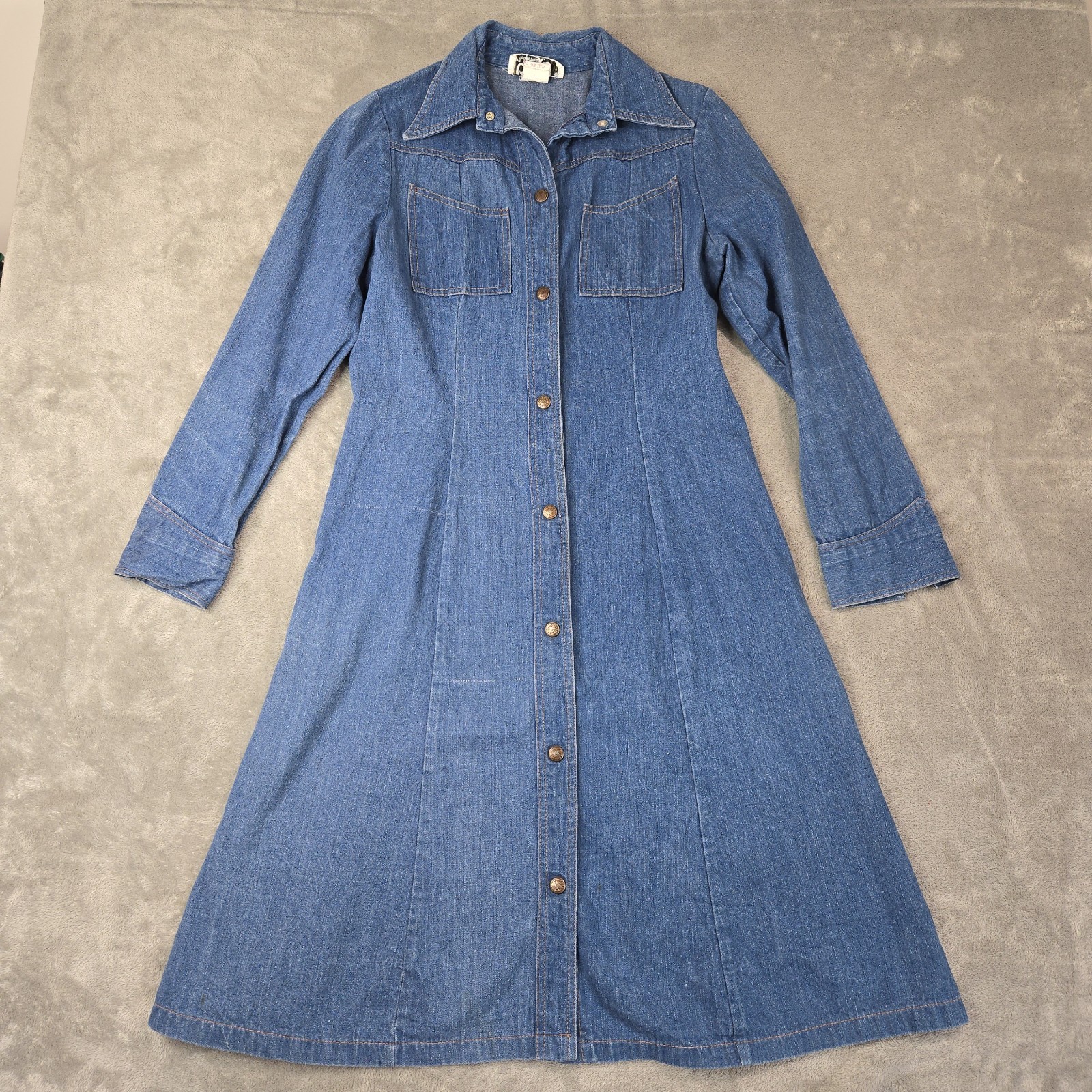 Vintage 70s Denim Dress Snap Front Princess Seam Oops California Sz 11/12 *READ