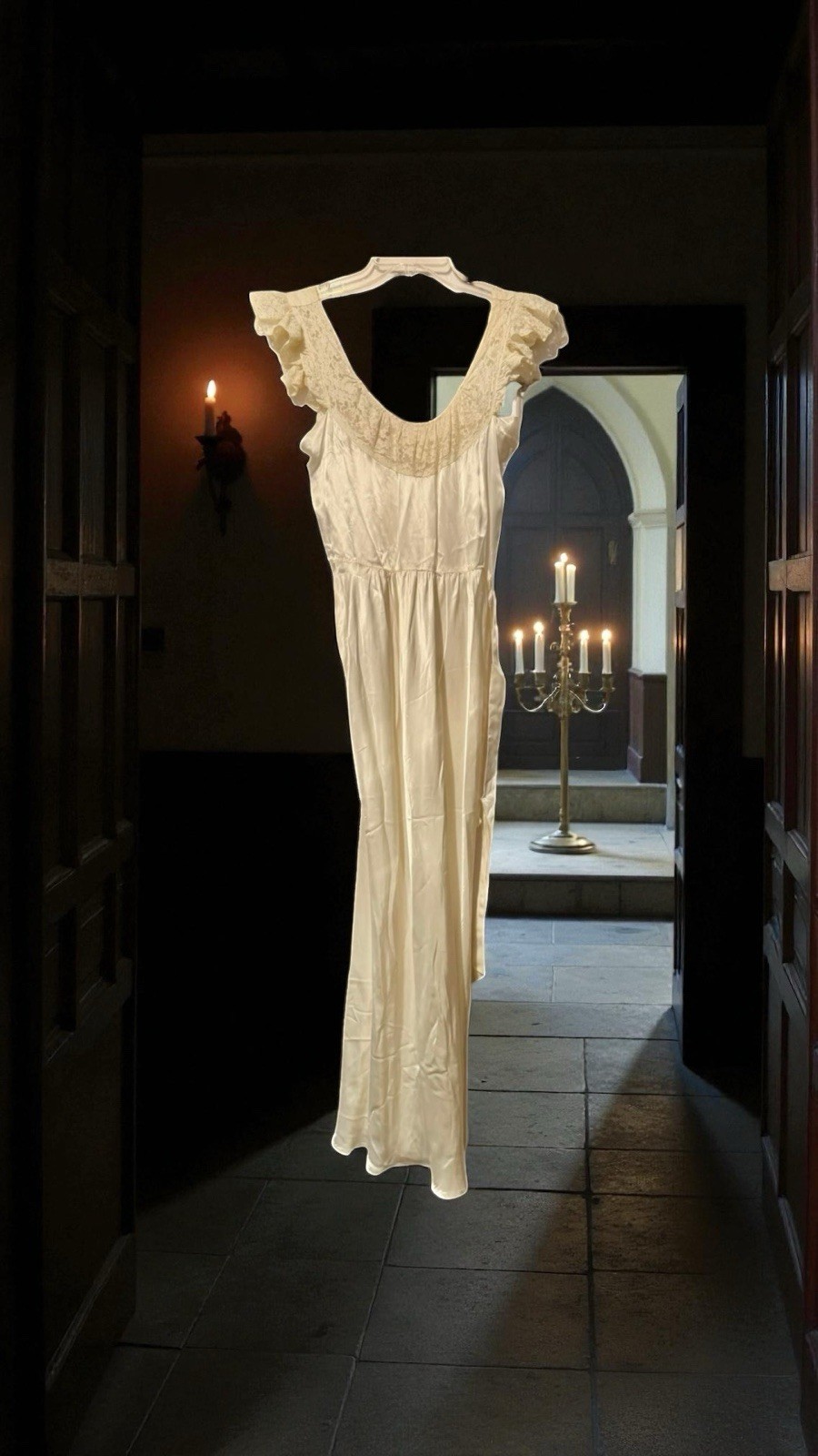 Amazing 1940’s Cream Colored Sexy Peignoir Robe Honeymoon Set Ruffles Lace