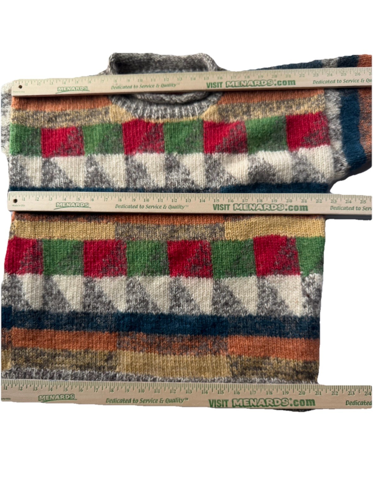 Vtg Patchwork Wool Knit Sweater L/XL Chunky Fuzzy Oversized Multicolor Bright