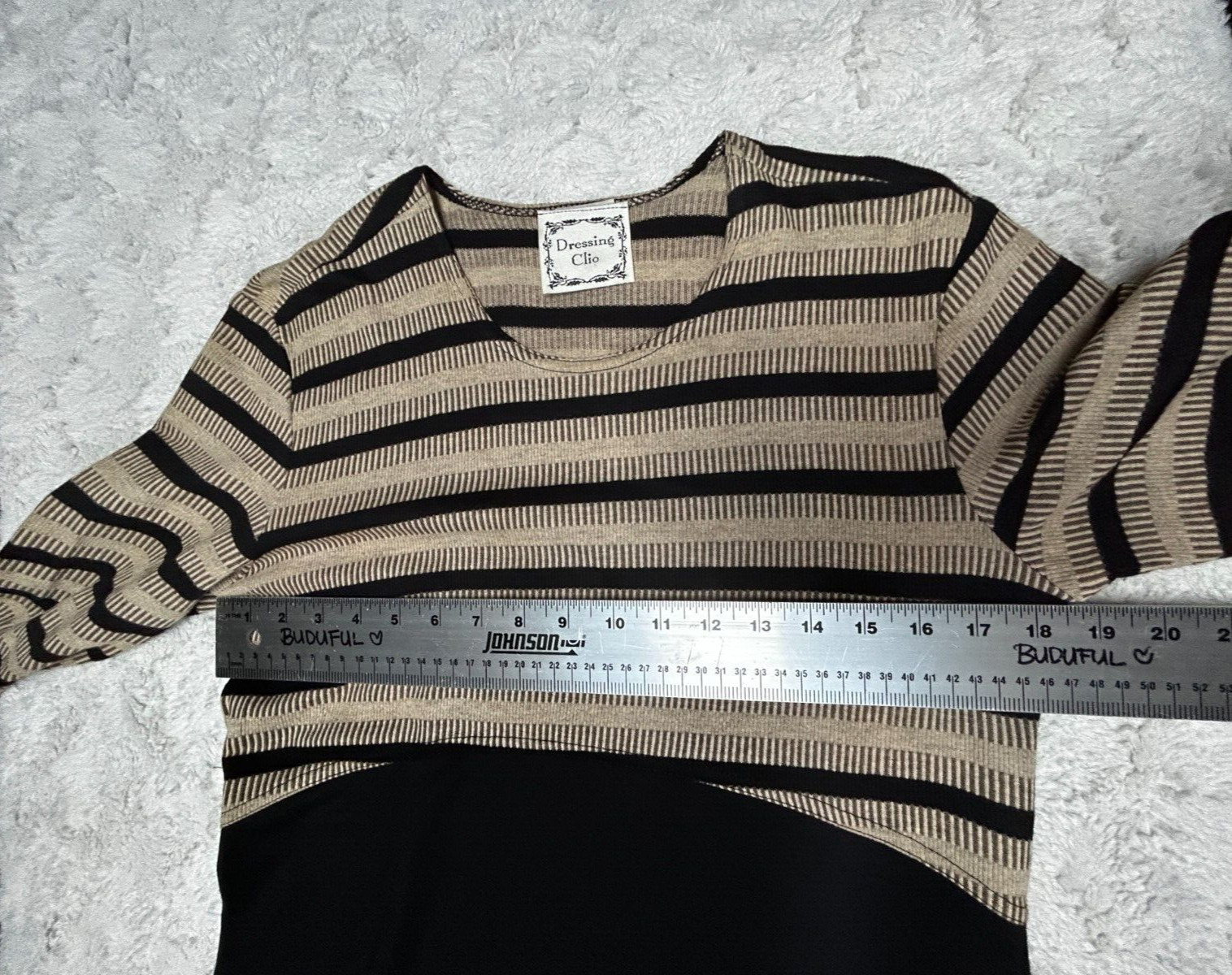 Vintage Dressing Clio Women Maxi Dress Medium Long Sleeve Striped Knit Tan Black