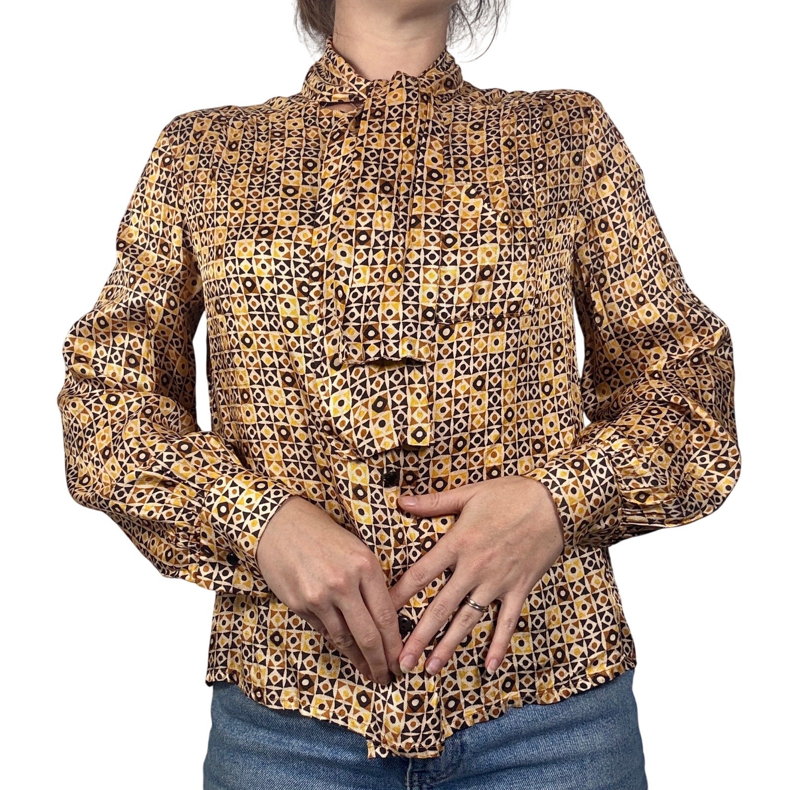 Vintage 1940s Silk Jersey Blouse Art Deco Novelty Print Neck Tie AS IS