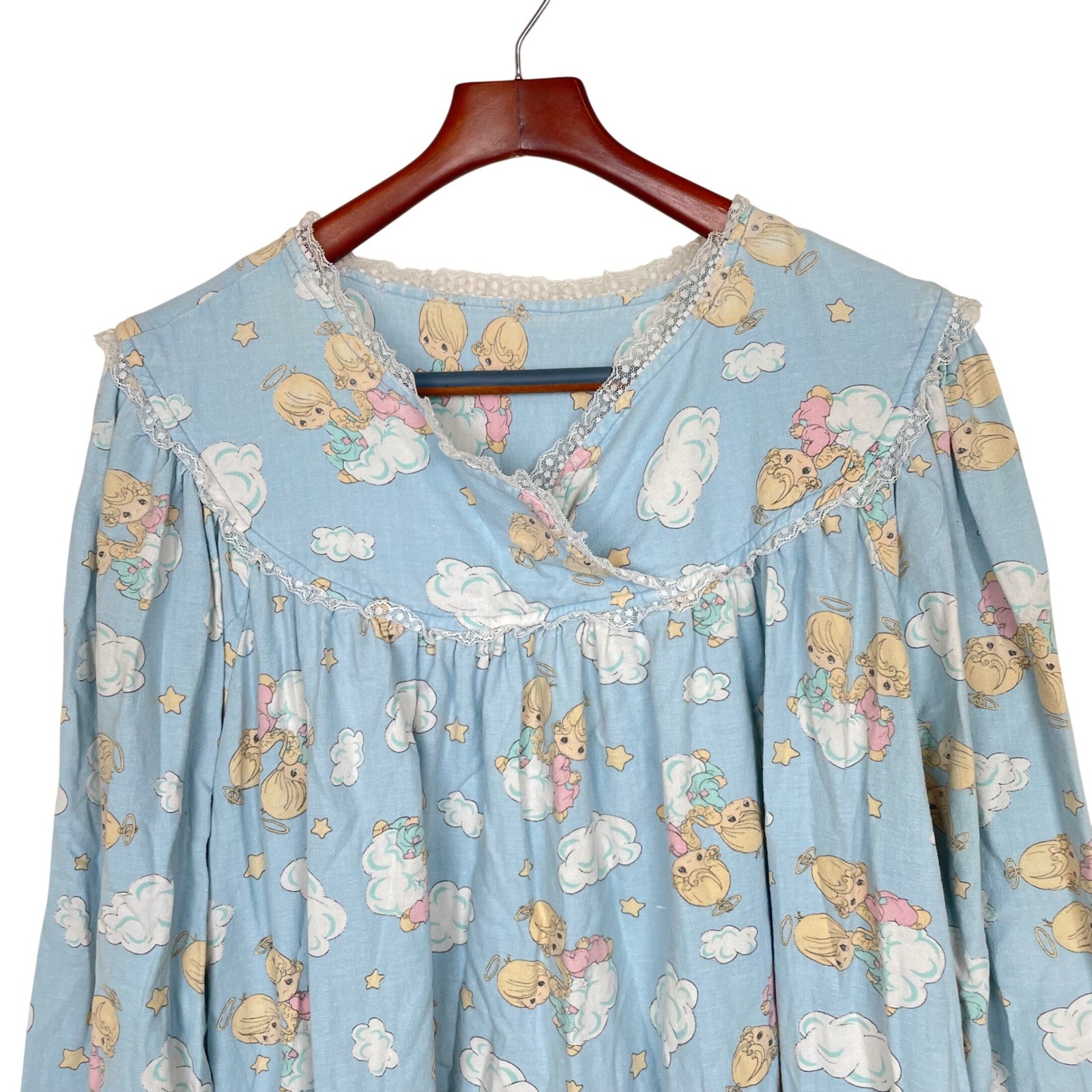 Vtg Precious Moments Womens Nightgown Sz XL Long Sleeve Flannel Angels Cottage