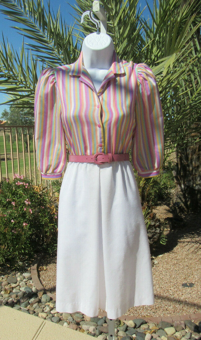 VTG 1960s 70s MOD TAURUS II SIZE 3-4 DRESS & BELT STRIPES COTTON POLY BLEND?