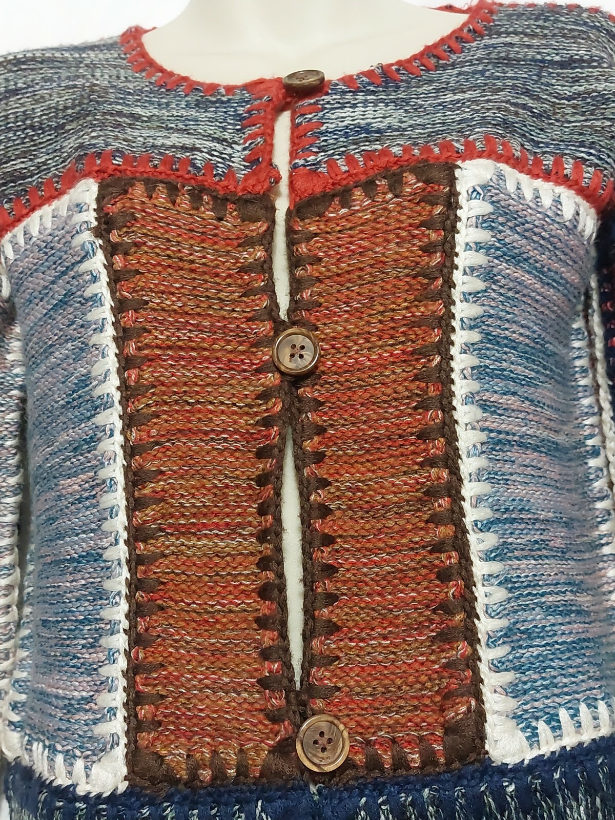 Vintage Wenjilli Patchwork Long Cardigan Sweater Size 11/12 -S/M Wool Blend