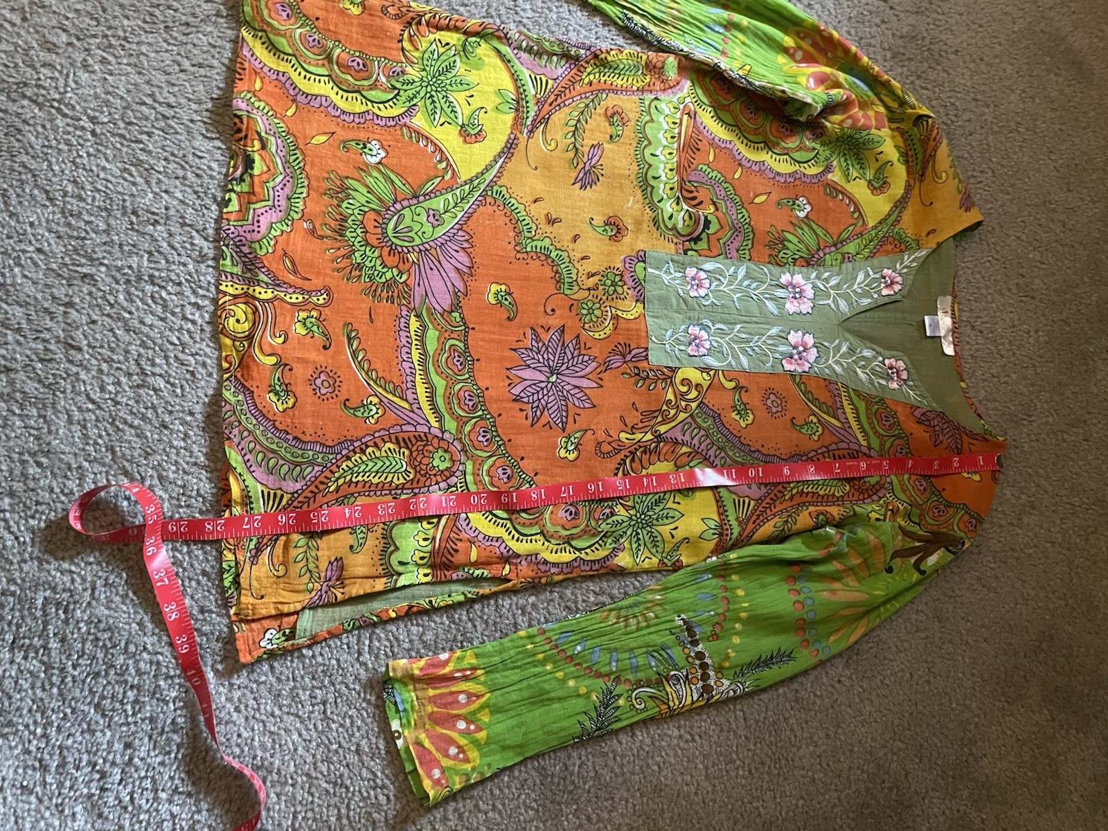 Vintage 90s Indian Cotton Paisley Tunic Top Boho Kurta Style Green Womens S/Med