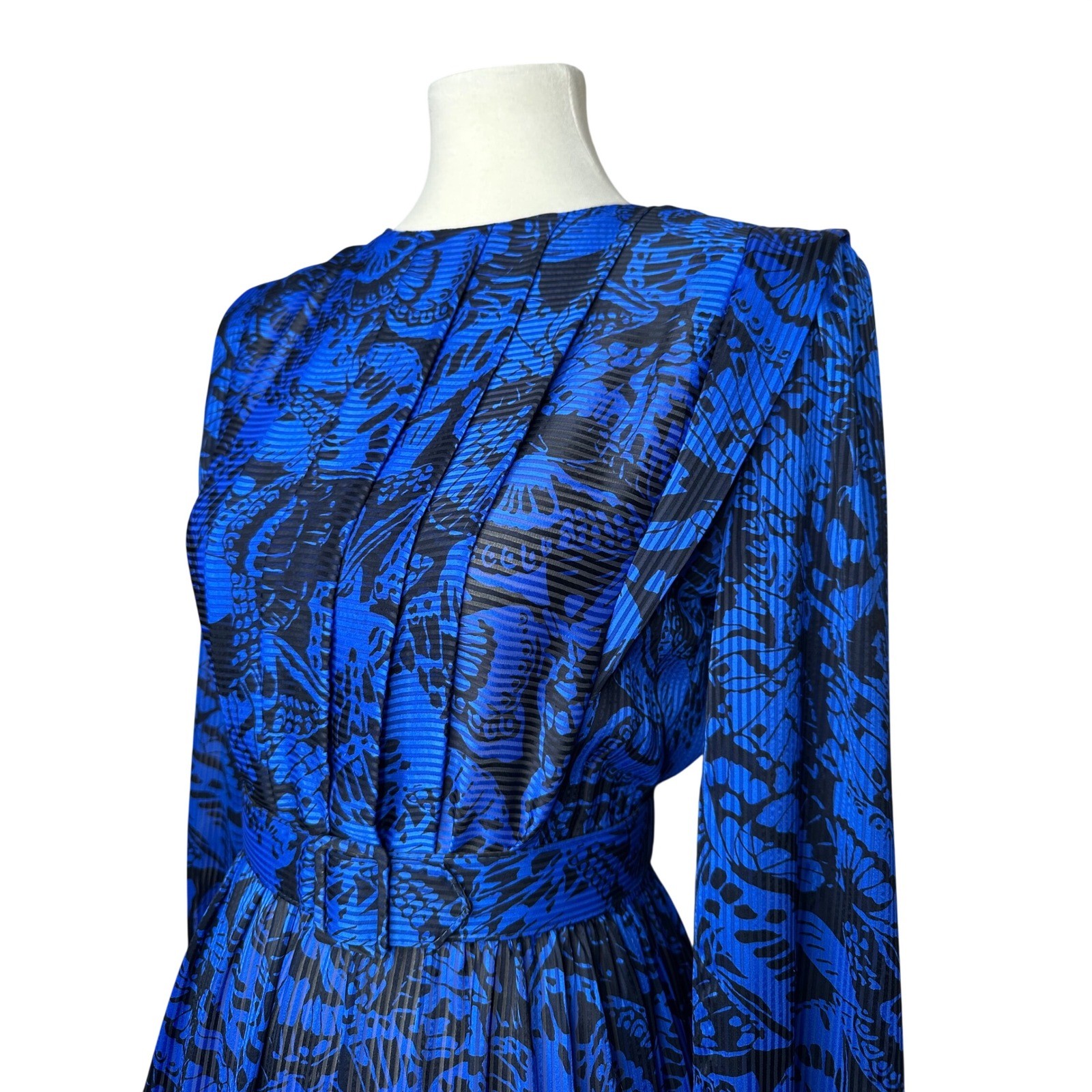 Jonathan Martin Vintage 80’s Blue Butterfly Print Pleated Midi Dress Long Sleeve