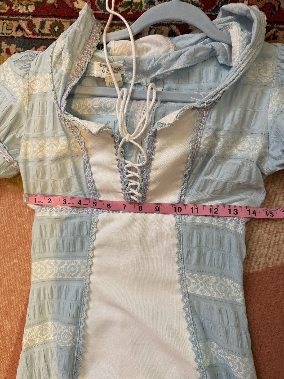 Rare White Label Gunne Sax Blue and White Hood with Blue and Pink Trim, 7