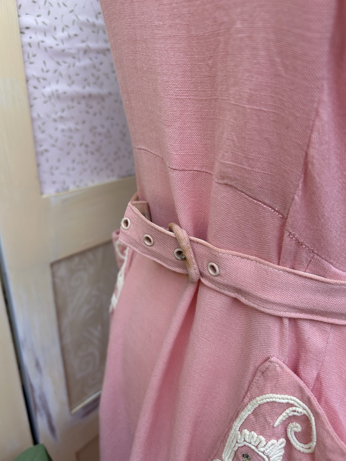 Vtg 1940s Pink Pinafore Dress Rayon Linen Novelty Soutache Pockets Metal Zip 32W