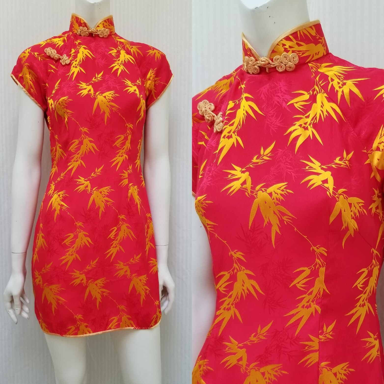 Vintage Red Yellow Satin Bamboo Jacquard Cheongsam Mini DRESS – Size S – EUC