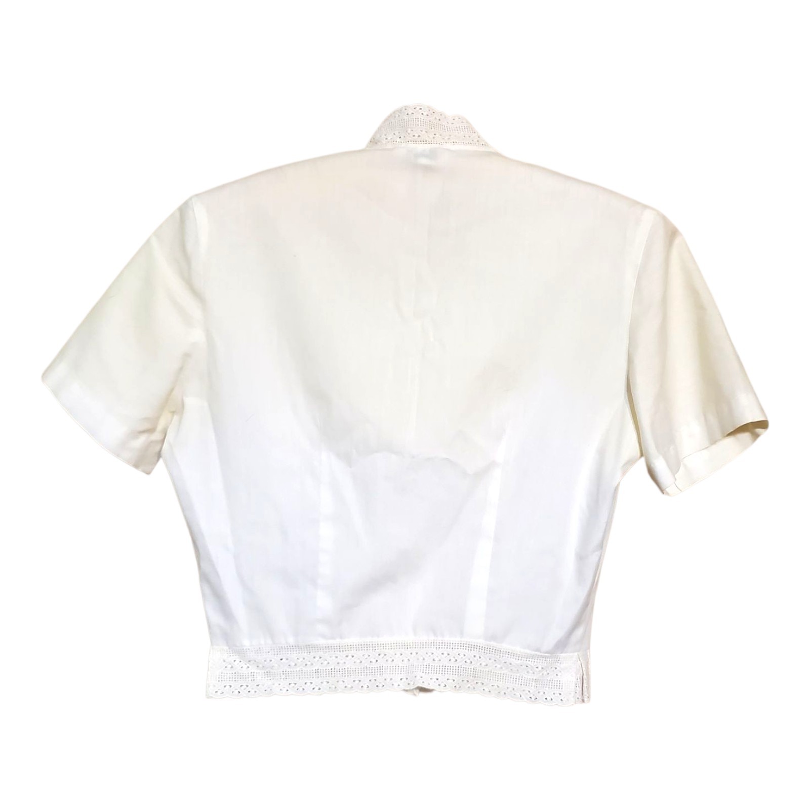 Vtg Terry Styled Chicago White Crop Top Lace Insert Trim Midriff Pinup Blouse