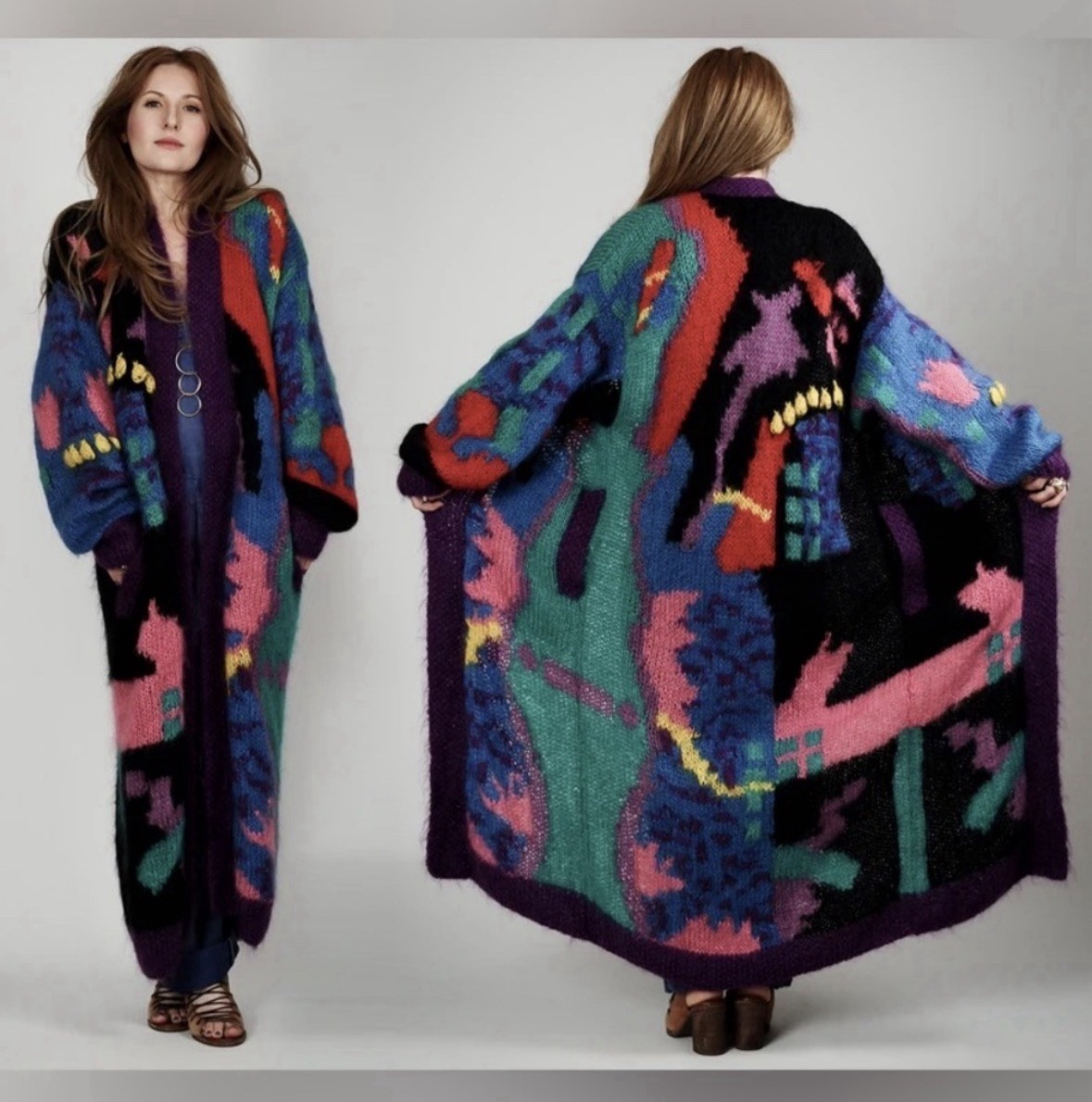 Nannell Vintage 80s Mohair Wool Abstract Maxi Sweater Long Duster Cardigan