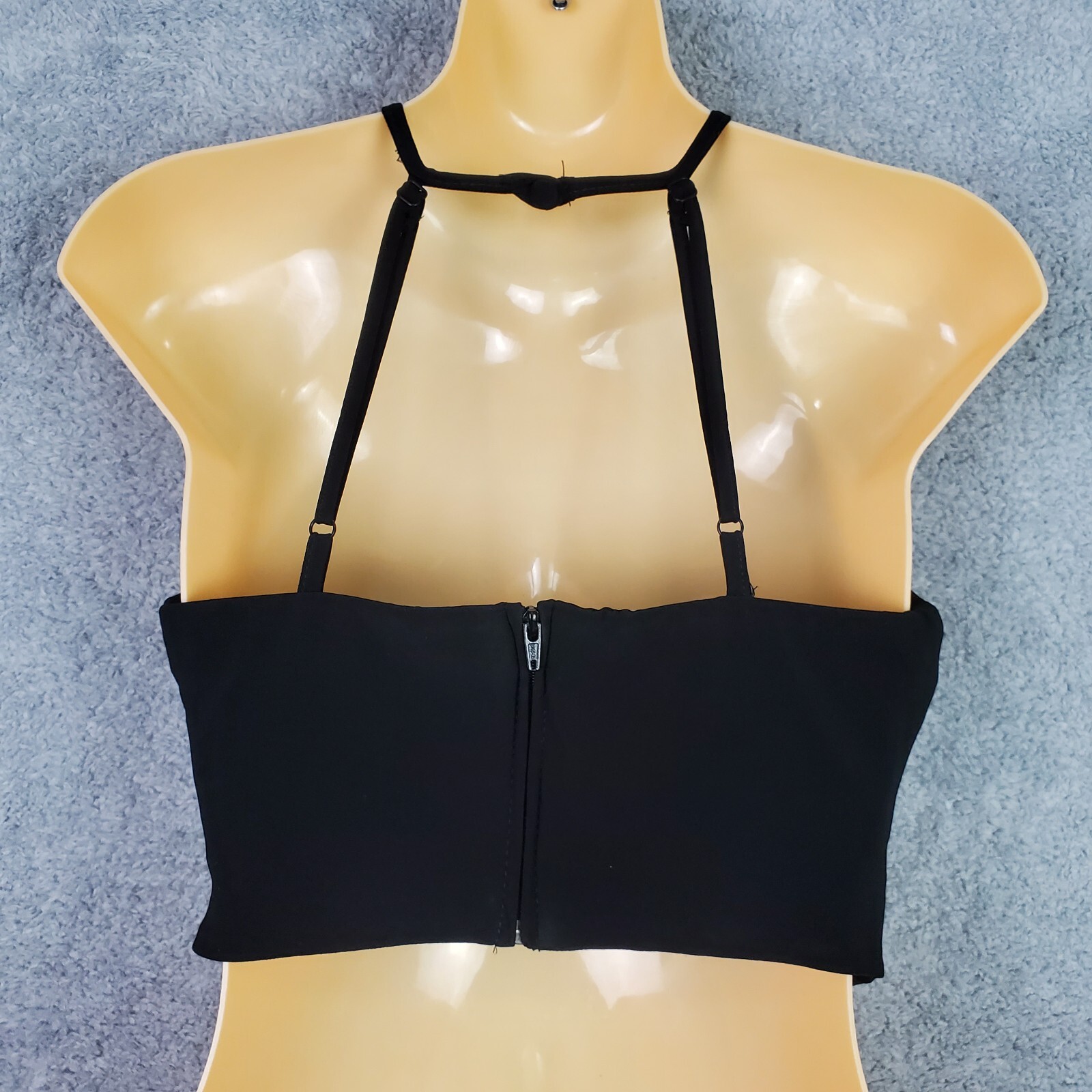 Vtg B Darlin Top Size S Black Halter Crop Embellished Jewels Sheer Padded Zip Up
