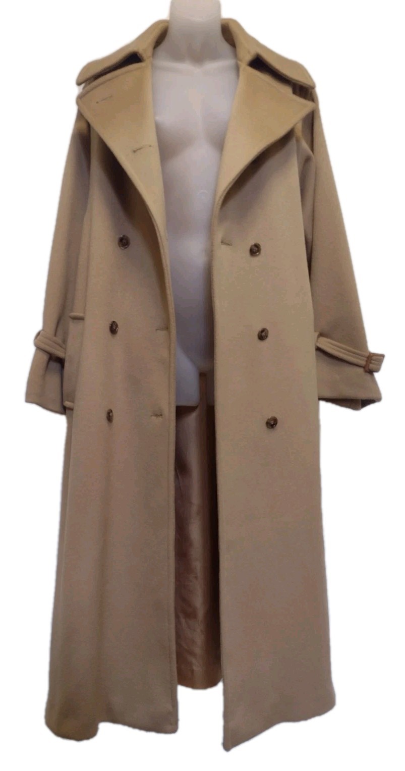 Vintage Stevens Forstmann Wool Long Coat Camel Belted USA ILGWU Quiet Luxury L