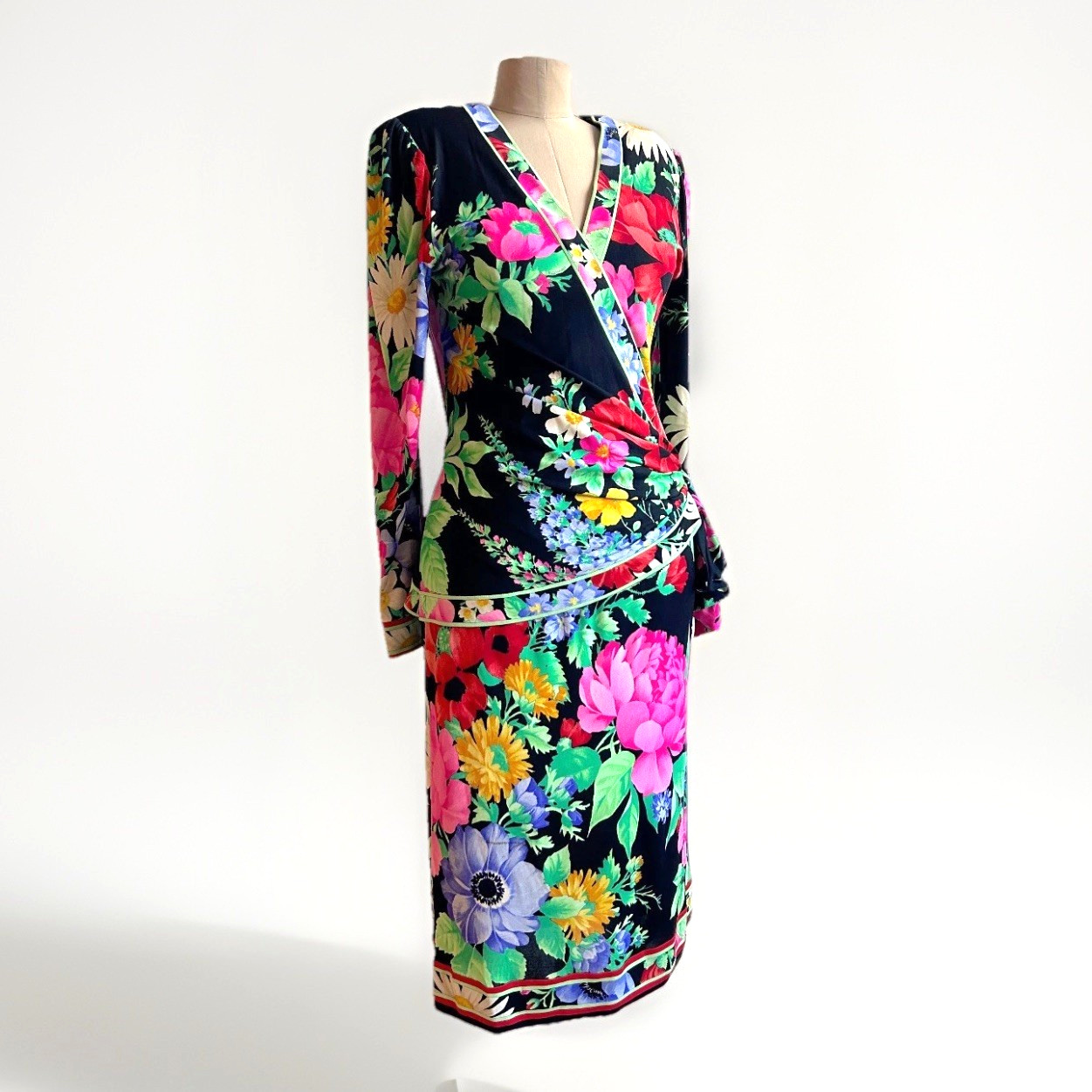 Leonard Paris 1990s Floral Print Jersey Wrap Dress Bergdof Goodman sz 8 France