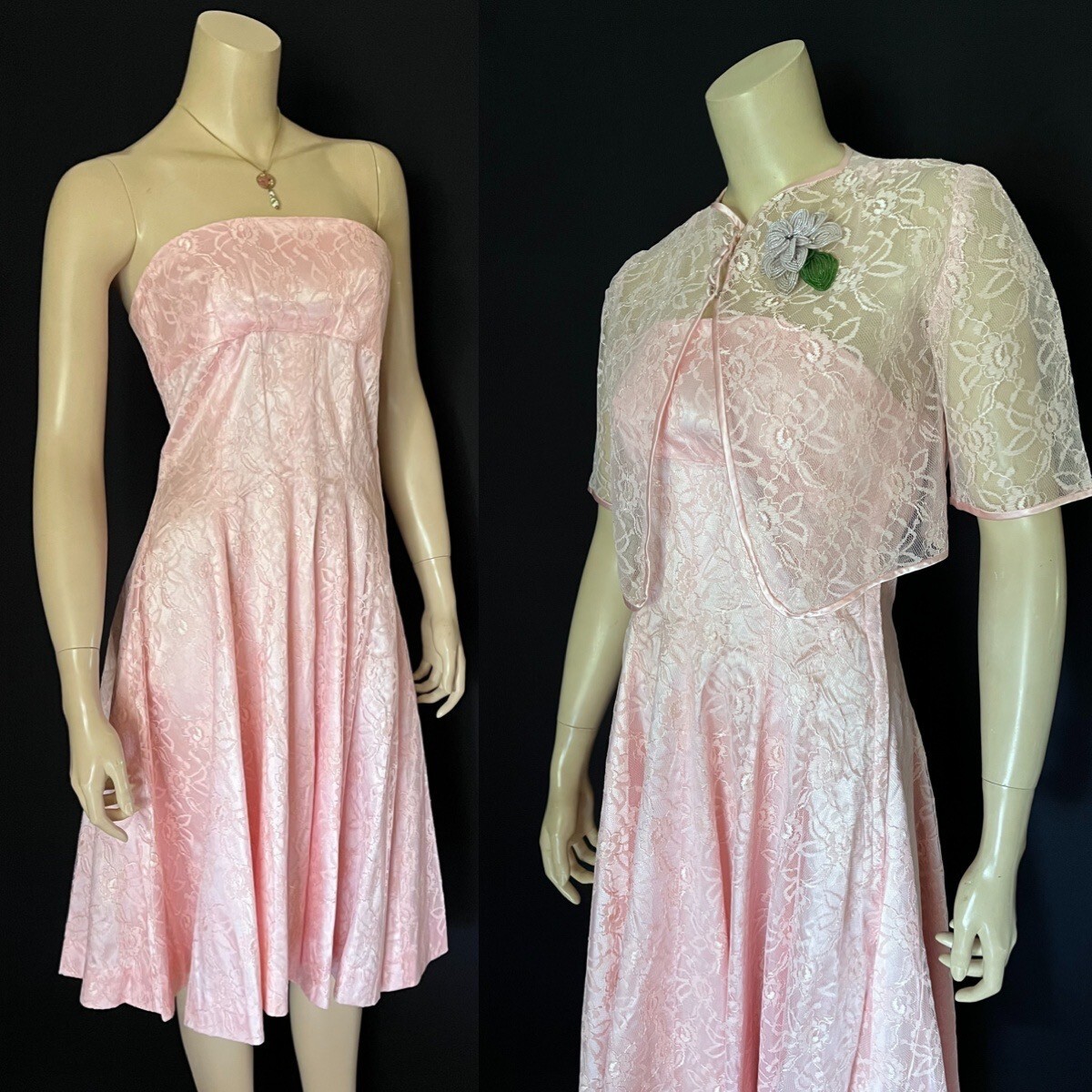 1950s Pale Pink Strapless Wedding Dress, Cropped Jacket, Headpiece, Brooches