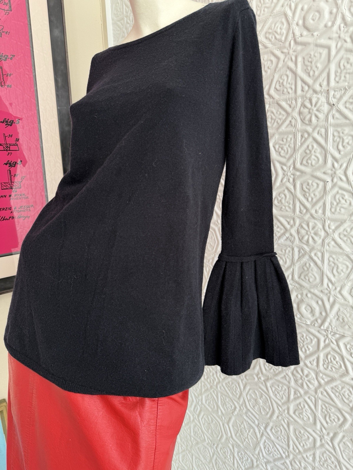 Vintage black cashmere sweater Neiman Marcus Bell sleeve tunic oversize XS