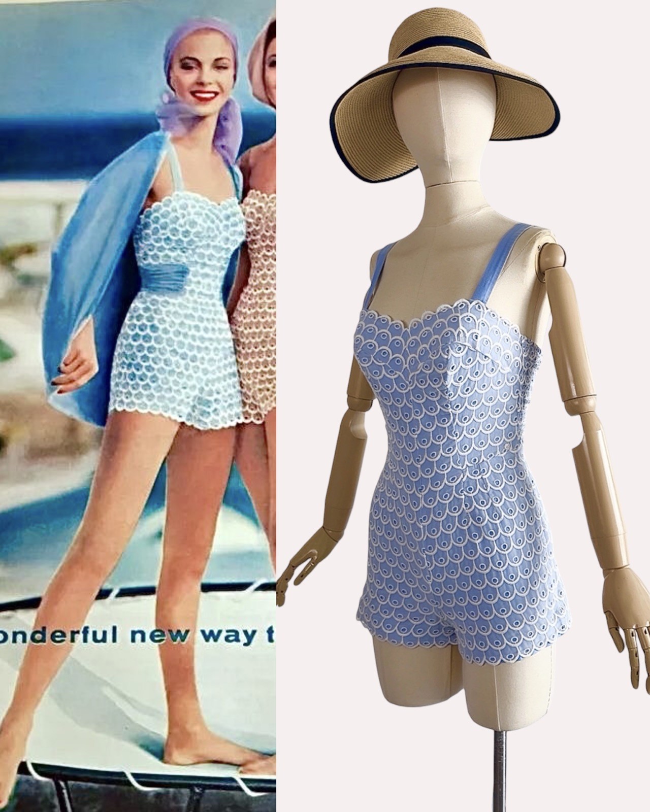 Documented Vintage 1950s JANTZEN Pinup Blue Romper Playsuit Embroidered Eyelet