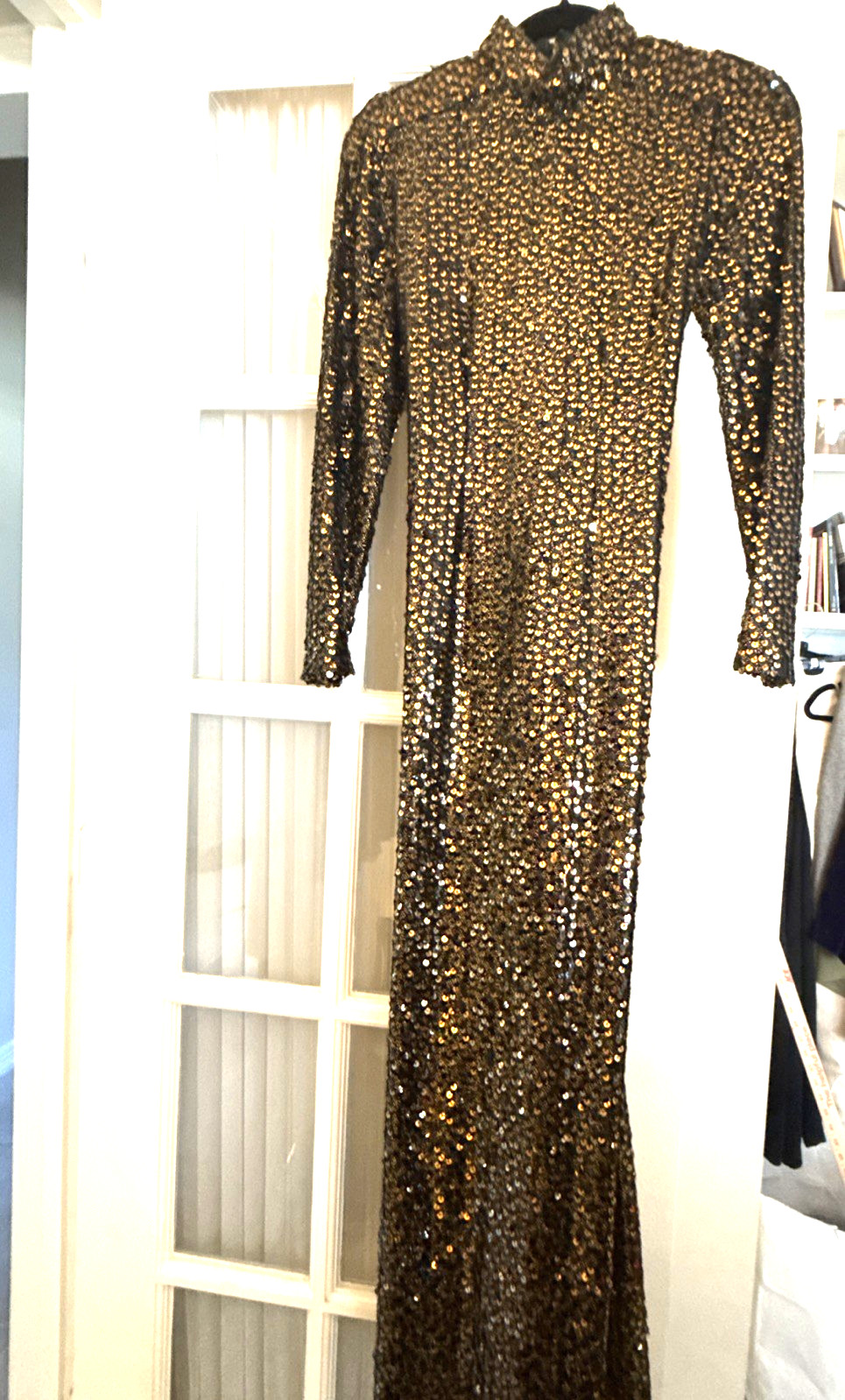Anthony Muto Sequined Gold/Black Lame Column Gown