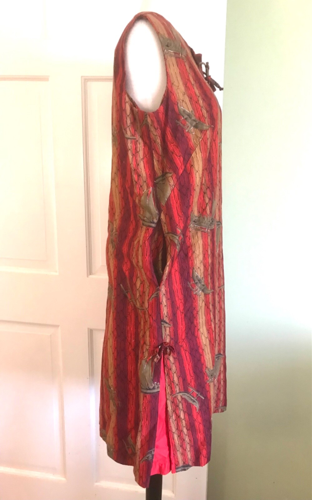 Vtg 60s Hookano Hawaiian shift dress tiki luau Hawaii side pleats bows s-m