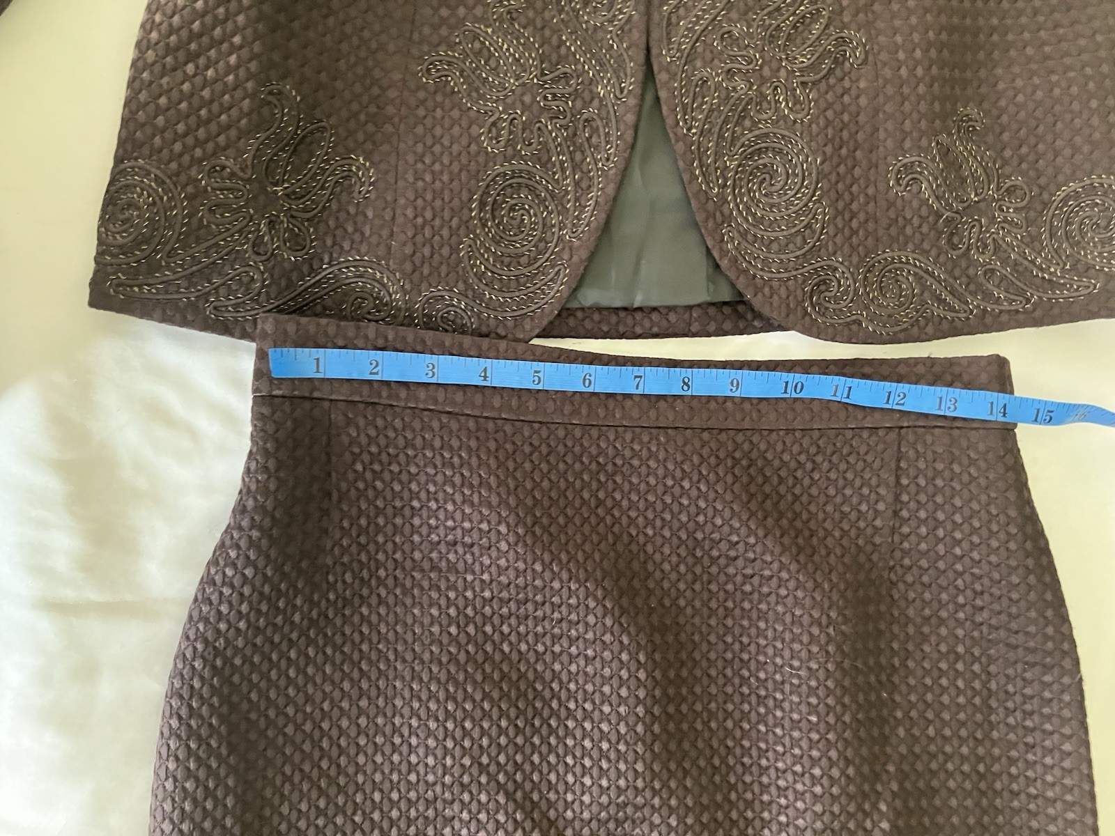 Vintage 80s Modele Algo Swiss Silk Wool Embroidered 2 Pc Skirt Suit Sz 42